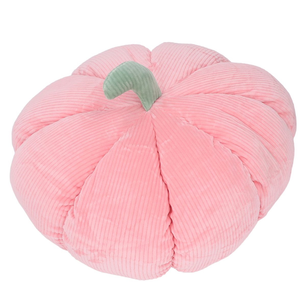 Rosa, kürbisförmiges Kissen mit grünem Stiel, Cordstruktur.