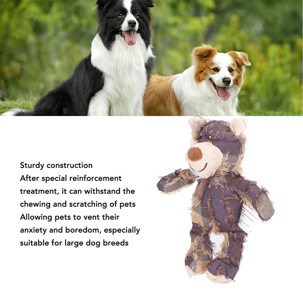 Zwei Hunde und ein Spielzeugbär. Text: 'Robuste Konstruktion', 'Kauen und Kratzen von Haustieren' usw.