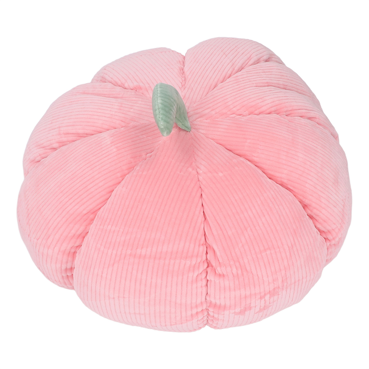 Rosa, kürbisförmiges Kissen mit grünem Stiel, auf weißem Hintergrund.