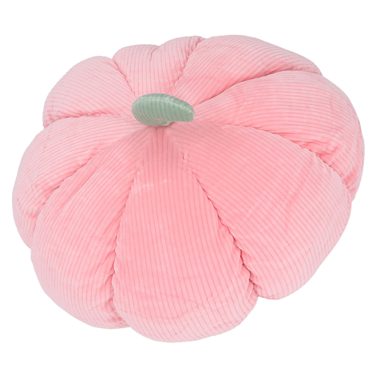 Rosa, cordförmiges, kürbisförmiges Kissen mit grünem Stiel. Es ist auf weißem Hintergrund.