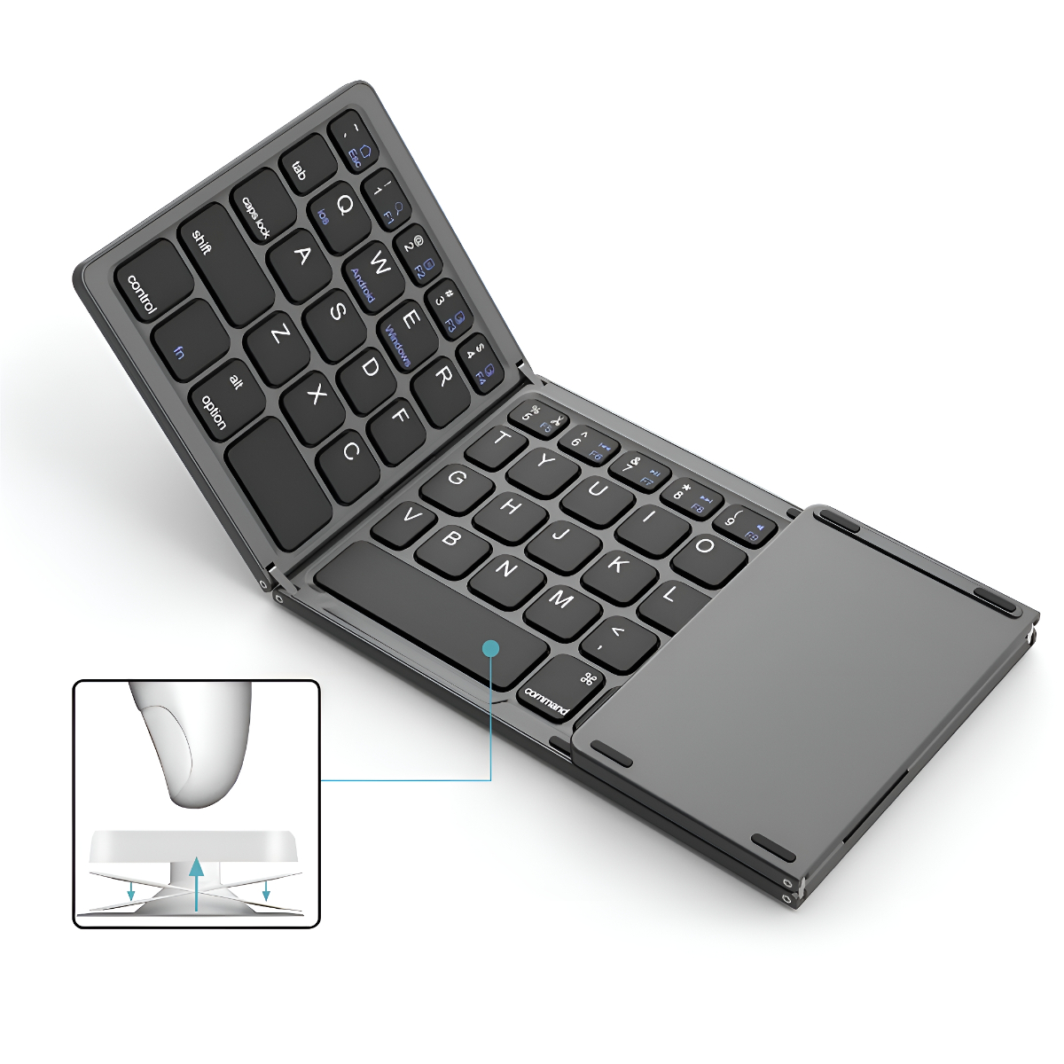 Faltbare graue Tastatur mit integriertem Touchpad. Geöffnet. Weißer Hintergrund.