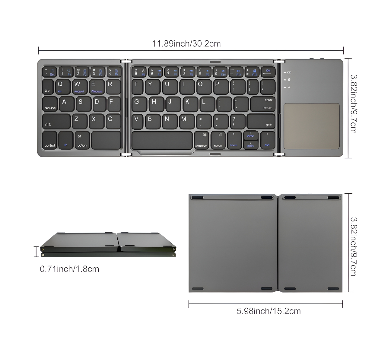 Faltbare graue Tastatur mit Abmessungen, mit Touchpad und faltbarem Design.