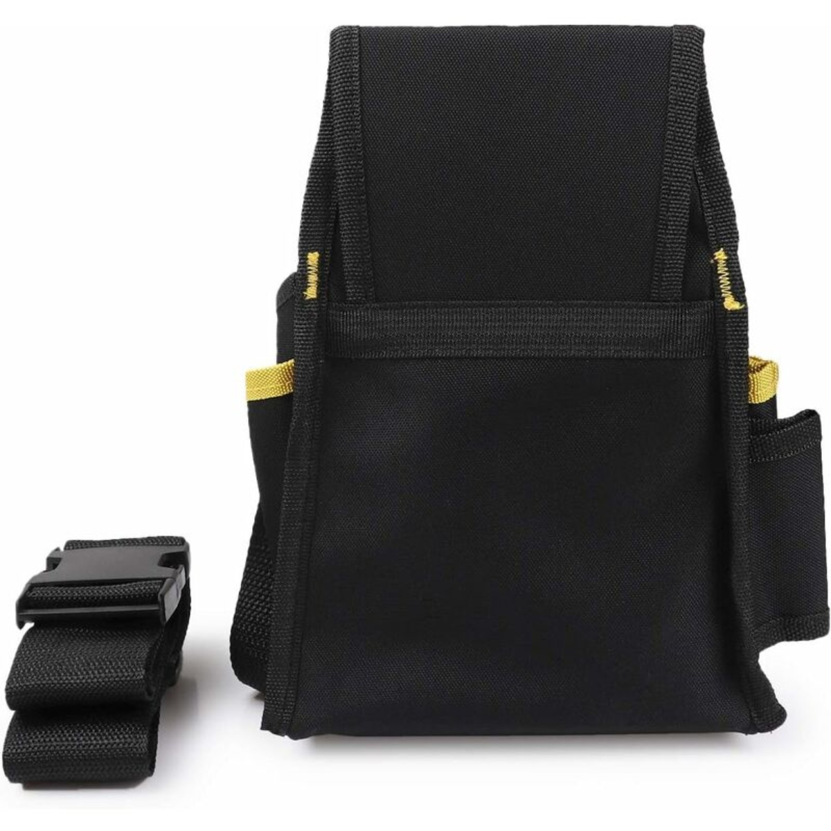 Schwarze Werkzeugtasche mit gelben Akzenten, Gürtel und Schnalle. Der Hintergrund ist weiß.