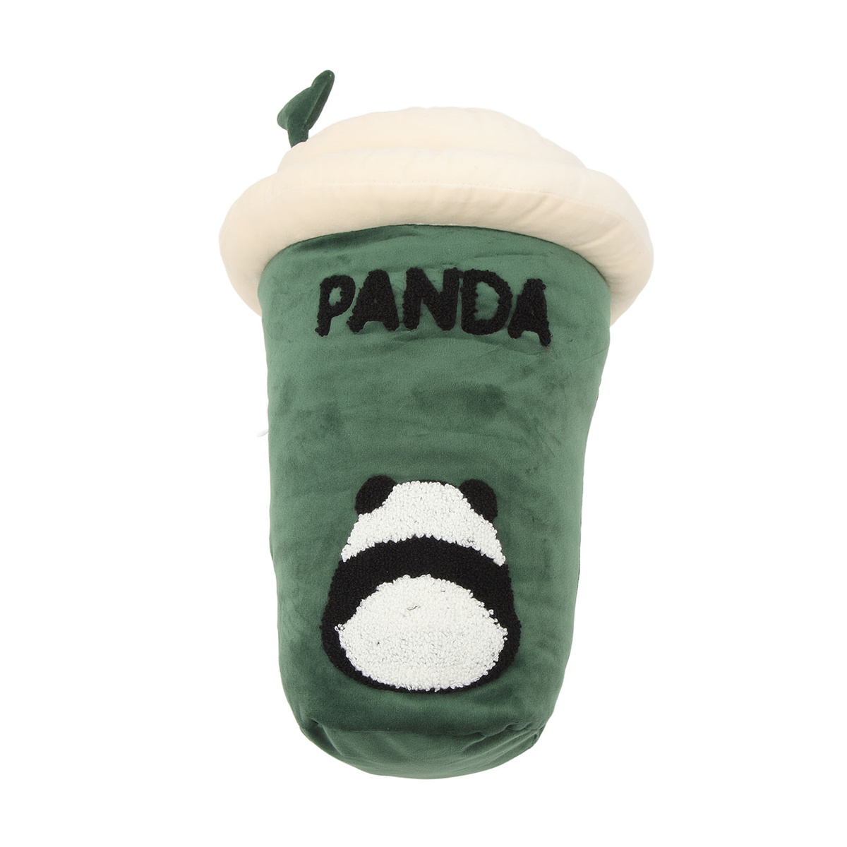 Ein panda-förmiges Plüsch-Getränkebecher-Spielzeug. Der Becher ist grün mit dem Wort PANDA darauf.