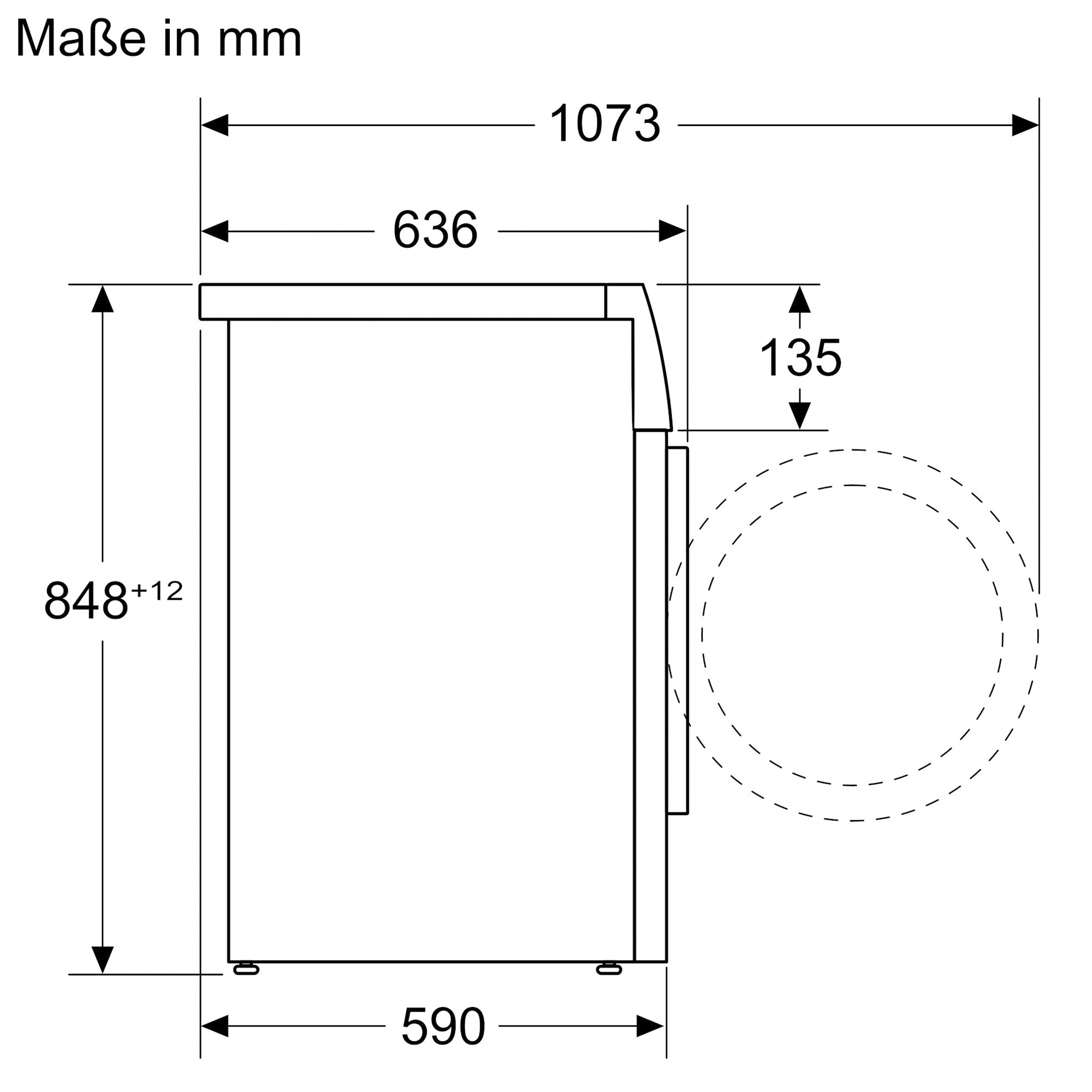 Diagramma di un frigorifero con dimensioni in mm, vista laterale.