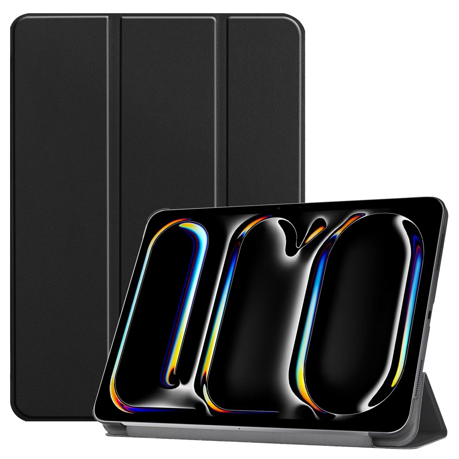 Schwarze Tablethülle geschlossen, mit Tablet, das farbenfrohe abstrakte Grafiken zeigt, hochgeklappt.
