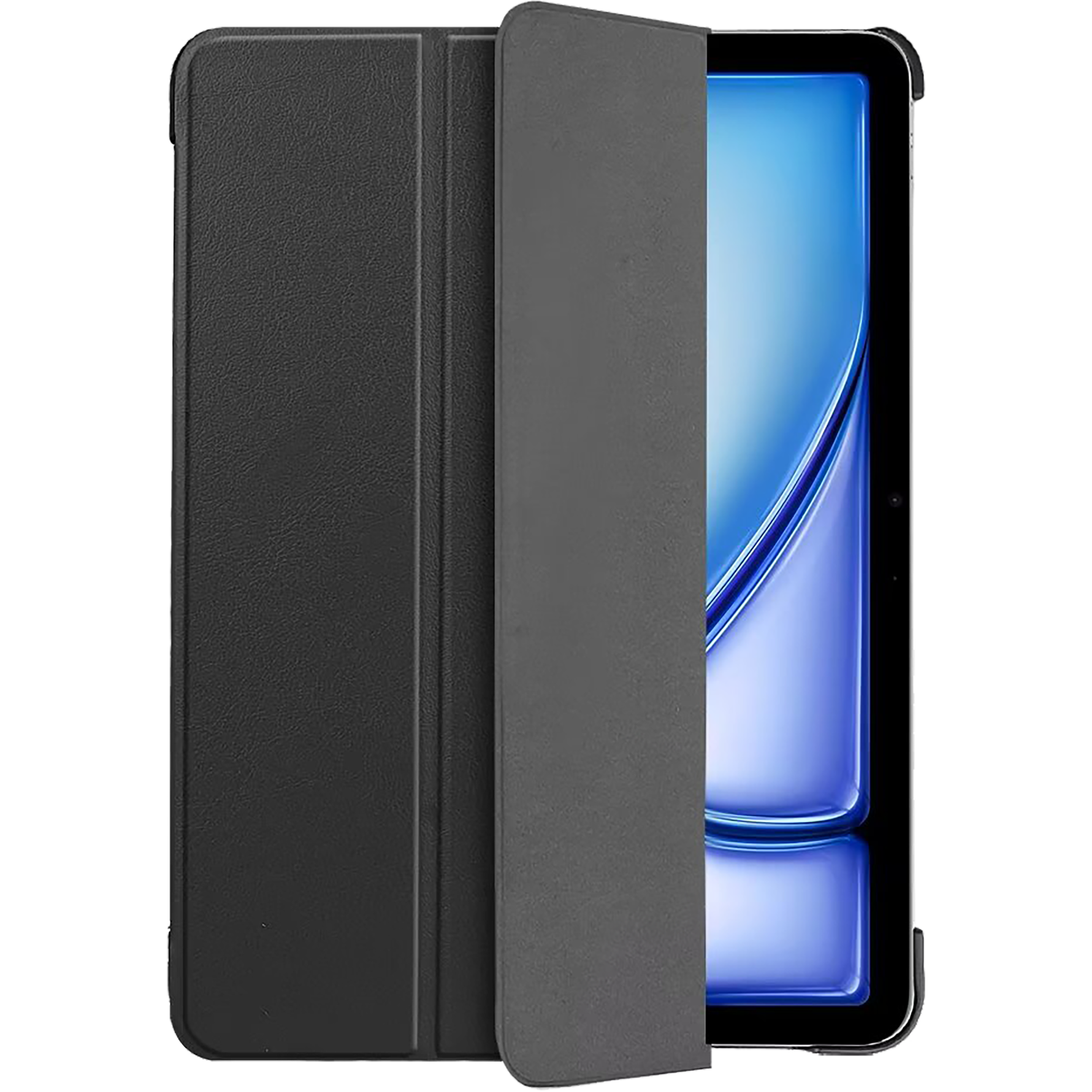 Schwarze Tablethülle geöffnet, um einen blauen Bildschirm zu zeigen. Dunkler Hintergrund.