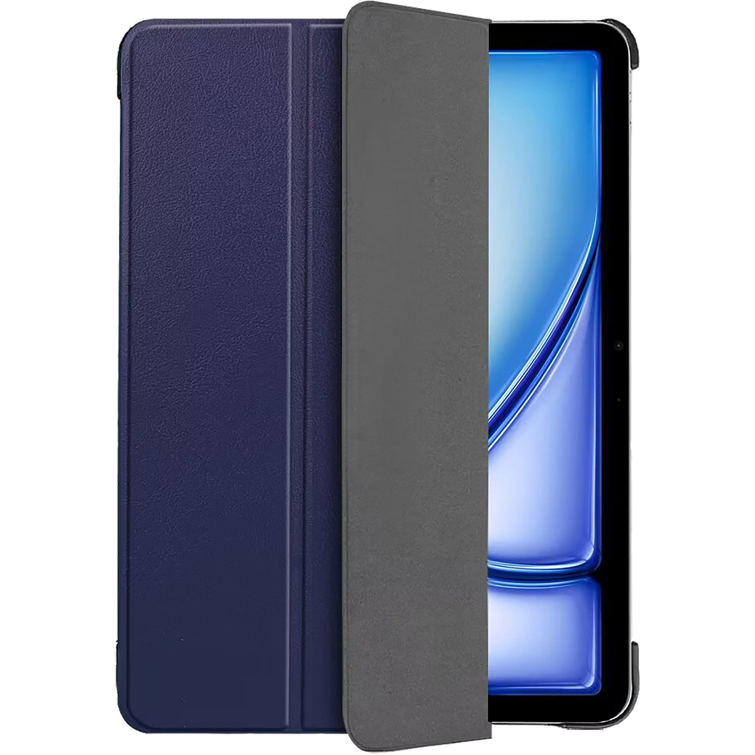 Ein blaues Tablet in einer Hülle mit dunkelgrauem Cover auf schwarzem Grund.