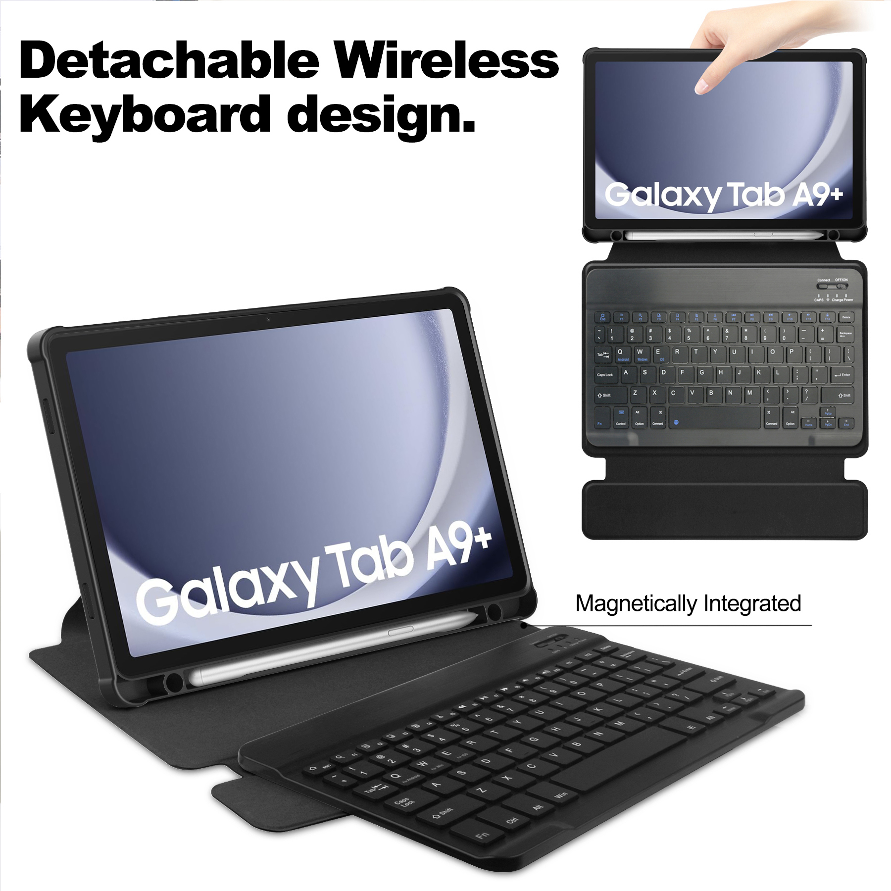 Ein Tablet mit abnehmbarer, kabelloser Tastatur. Das Tablet zeigt das Galaxy Tab A9+ Logo. Schwarzes Farbschema.