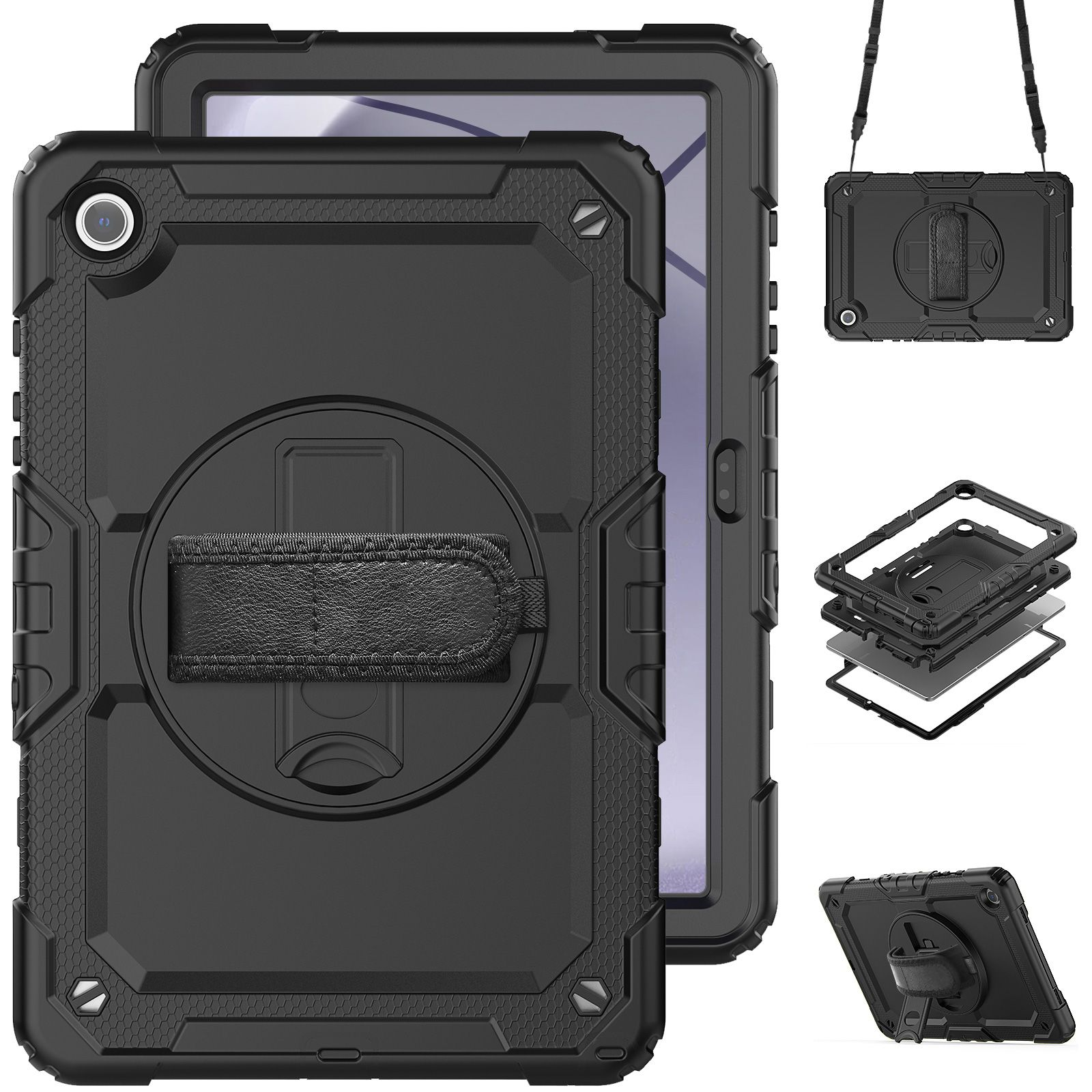 Schwarze Tablethülle mit Handschlaufe und Ringhalter. Verschiedene Winkel der Hülle und ihrer Funktionen werden gezeigt.