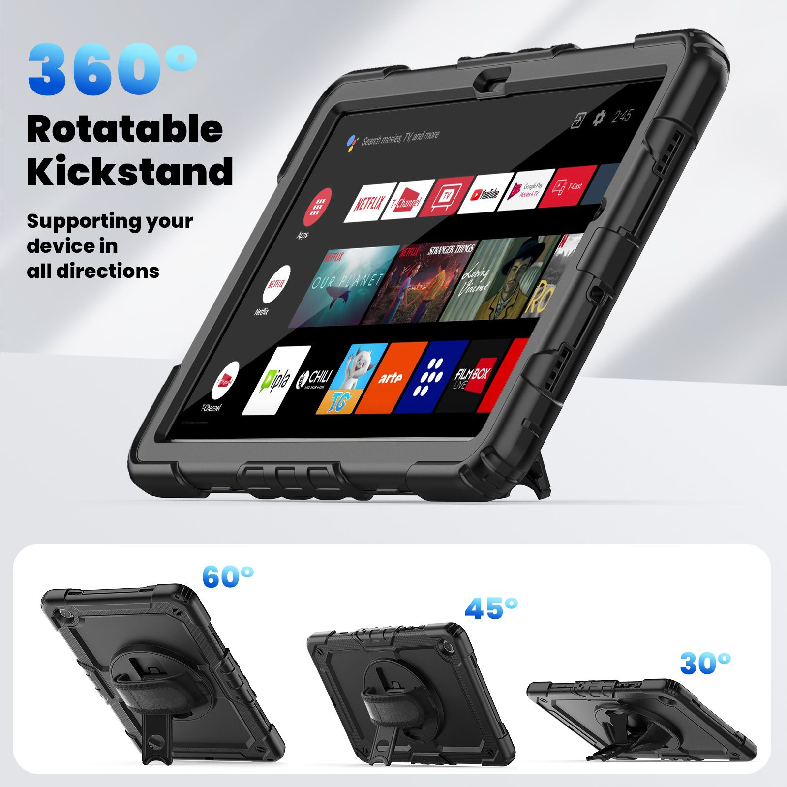 Schwarzes Tablet in Schutzhülle mit Ständer, 360° drehbar.