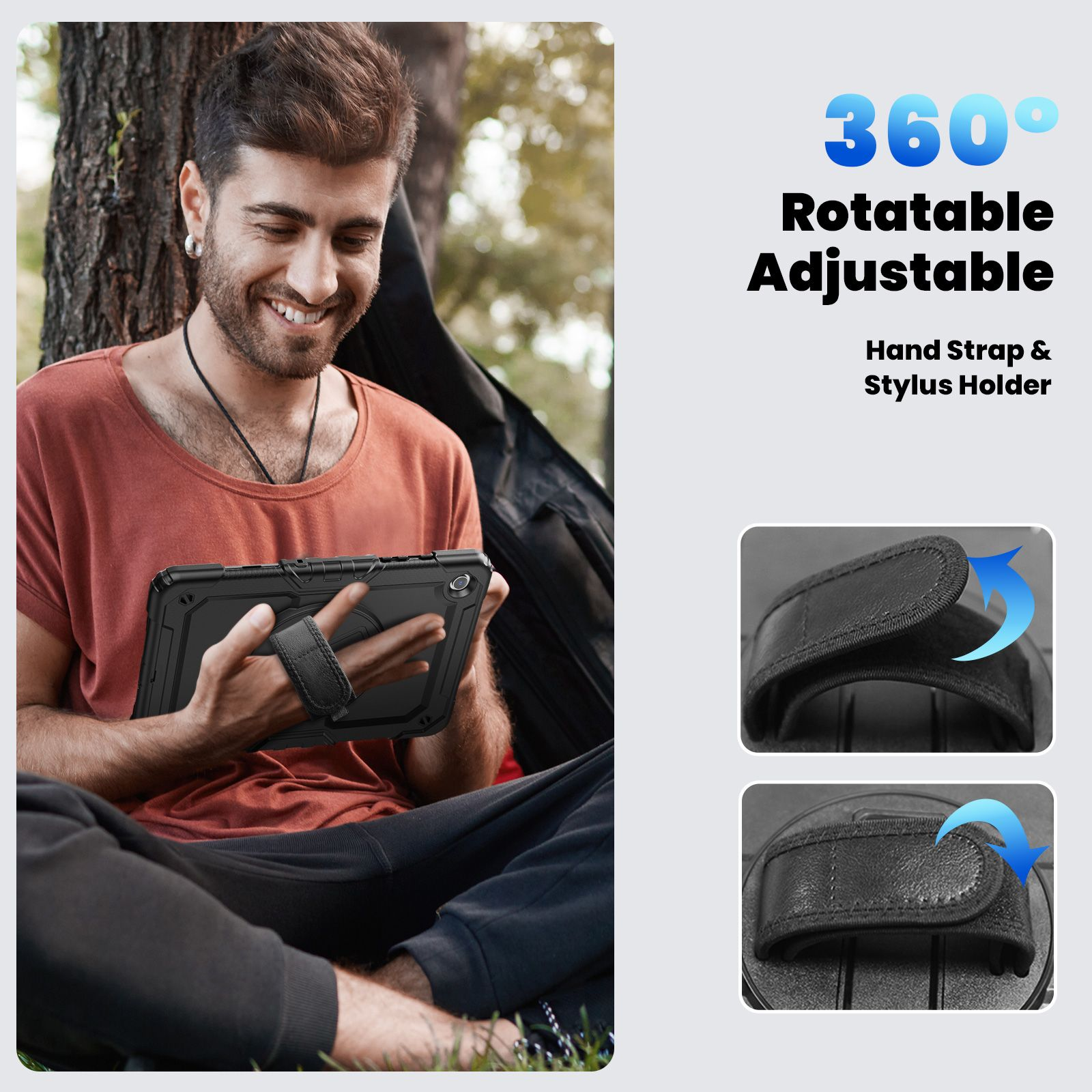 Mann hält Tablet in robuster Hülle mit Handschlaufe, in Waldumgebung.
