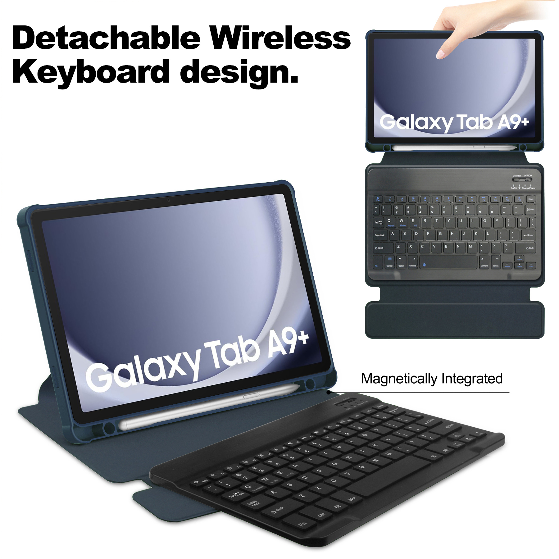 Abnehmbare kabellose Tastatur mit Tablet, Galaxy Tab A9+. Tastatur und Tablet sind blau.