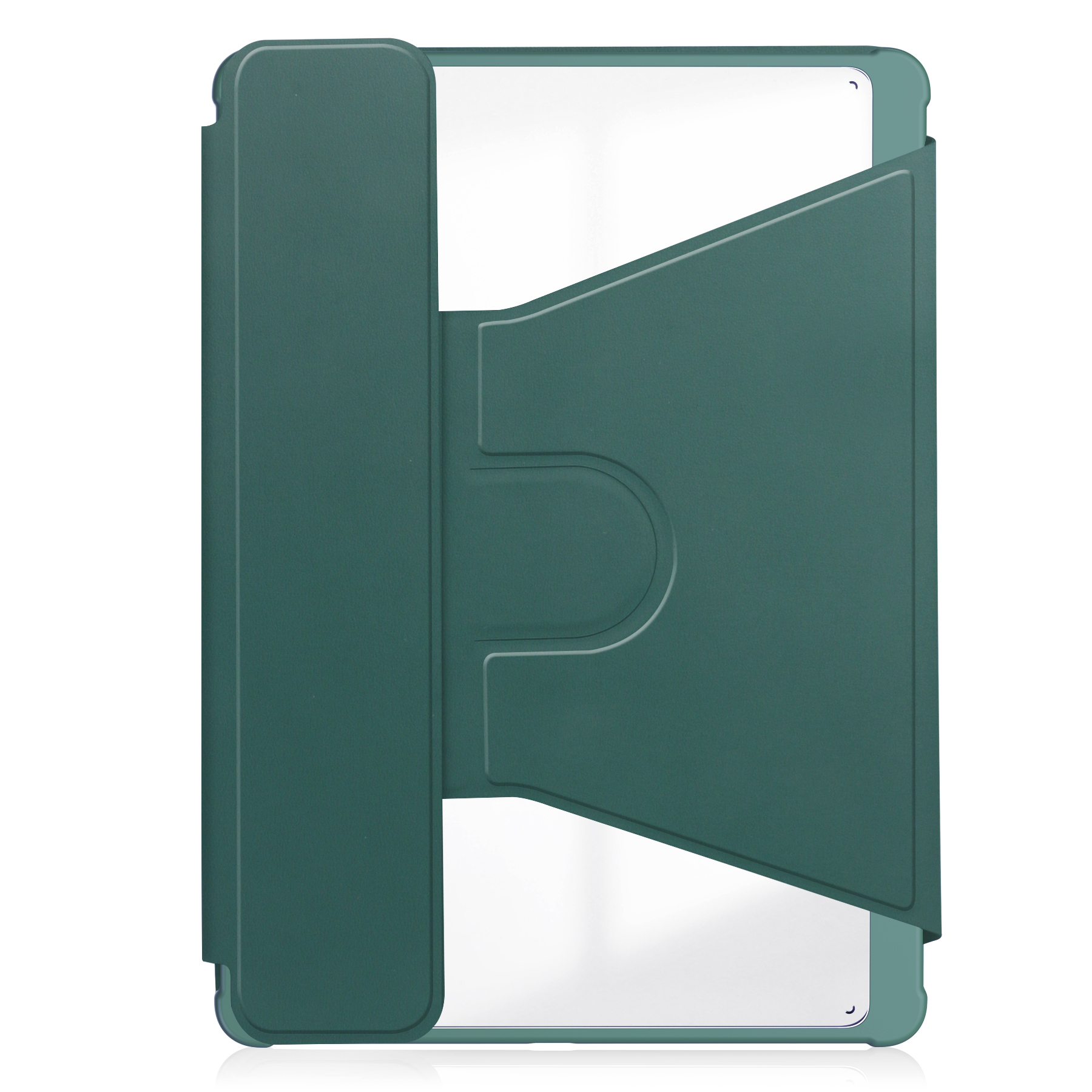 Eine grüne Tablethülle, geöffnet, um das Innere zu zeigen. Die Hülle hat ein einzigartiges, abgewinkeltes Design.