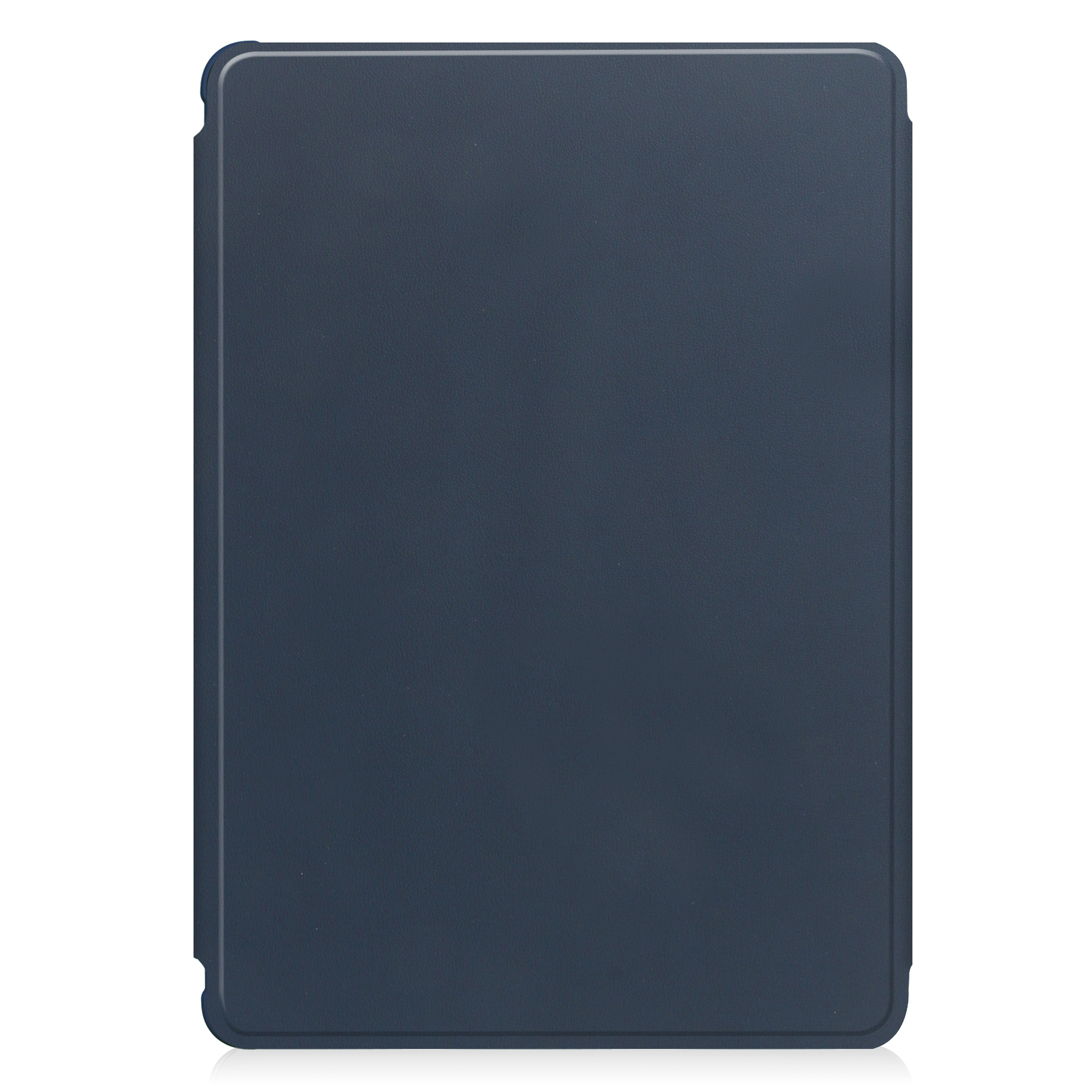 Eine schlichte, blaue Tablethülle, geschlossen, mit einer glatten, lederartigen Textur.