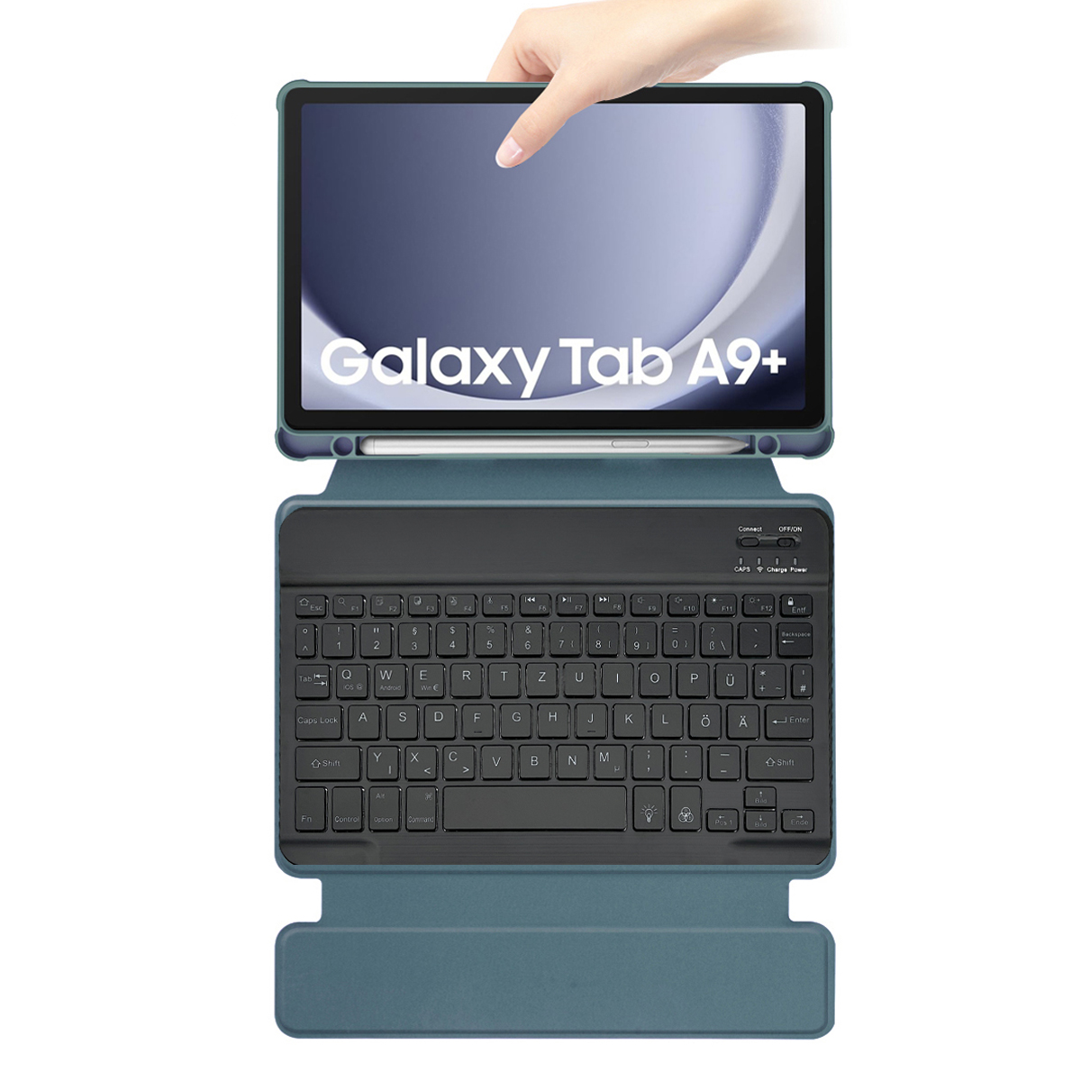 Ein Tablet mit schwarzer Tastaturhülle. Das Tablet wird von einer Hand gehalten, die den Bildschirm und die Tastatur darunter zeigt.