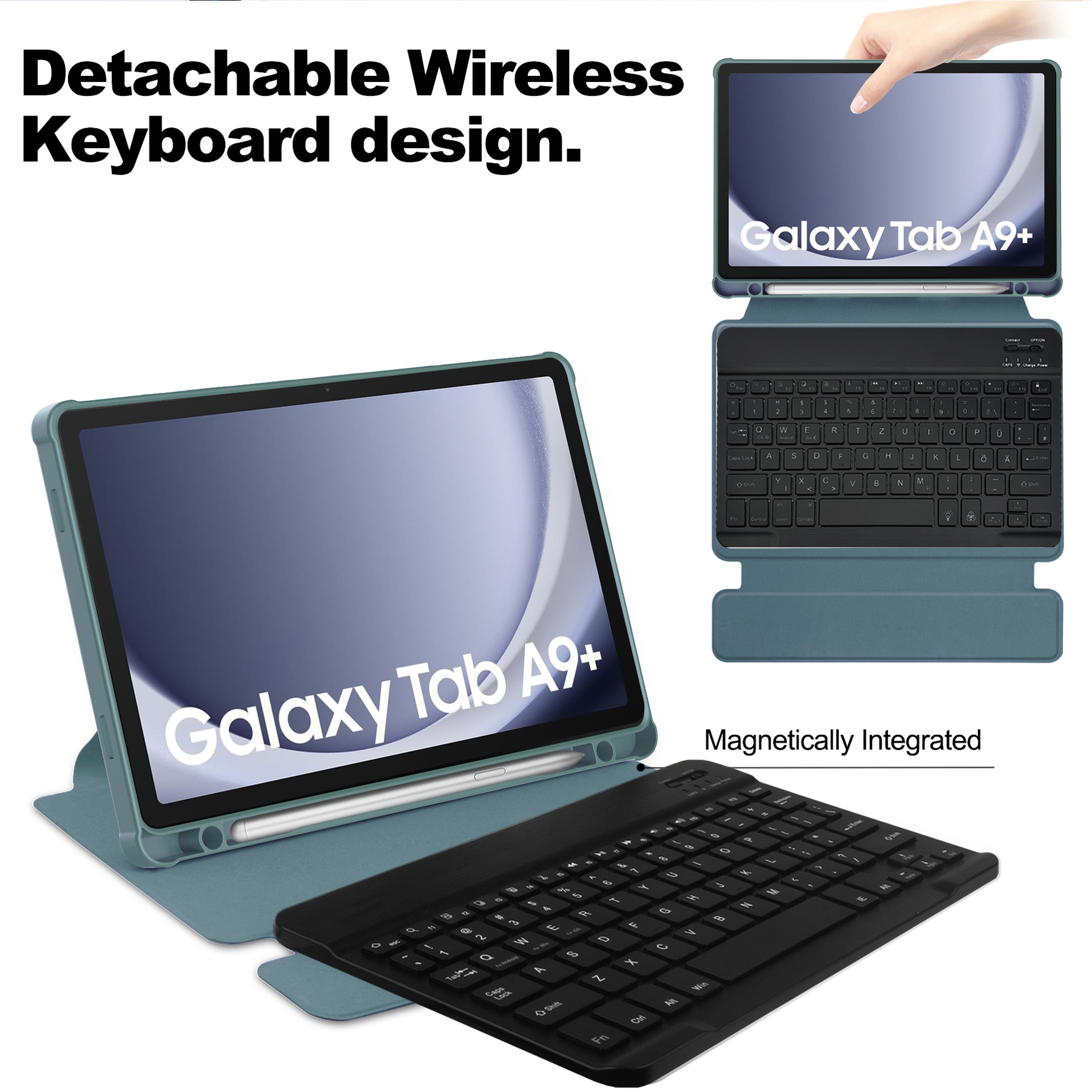 Tablet mit abnehmbarer Tastatur. Zeigt 'Galaxy Tab A9+'. Tastatur ist schwarz, Tablet grün.