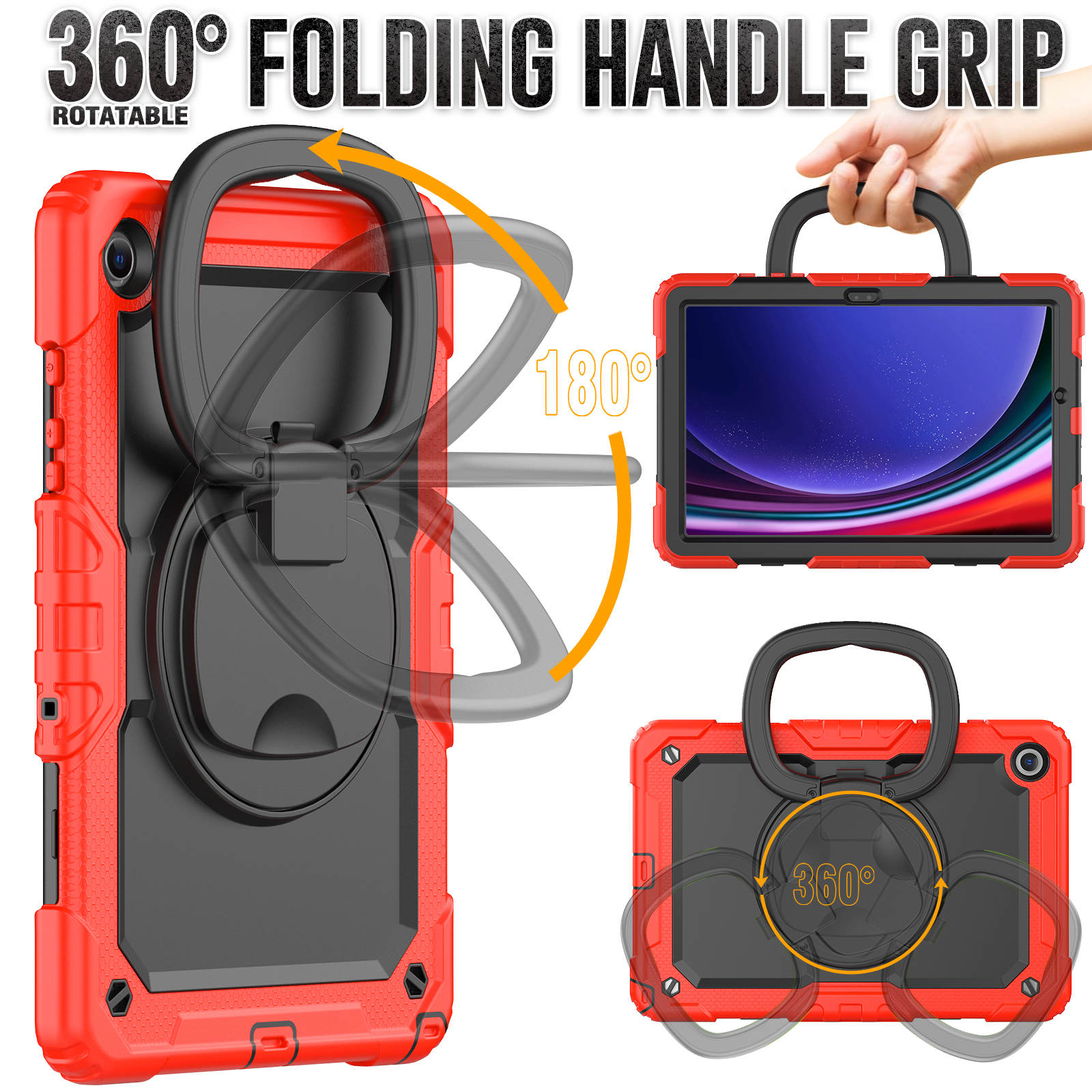 Eine rote Tablet-Hülle mit einem 360° Klappgriff.