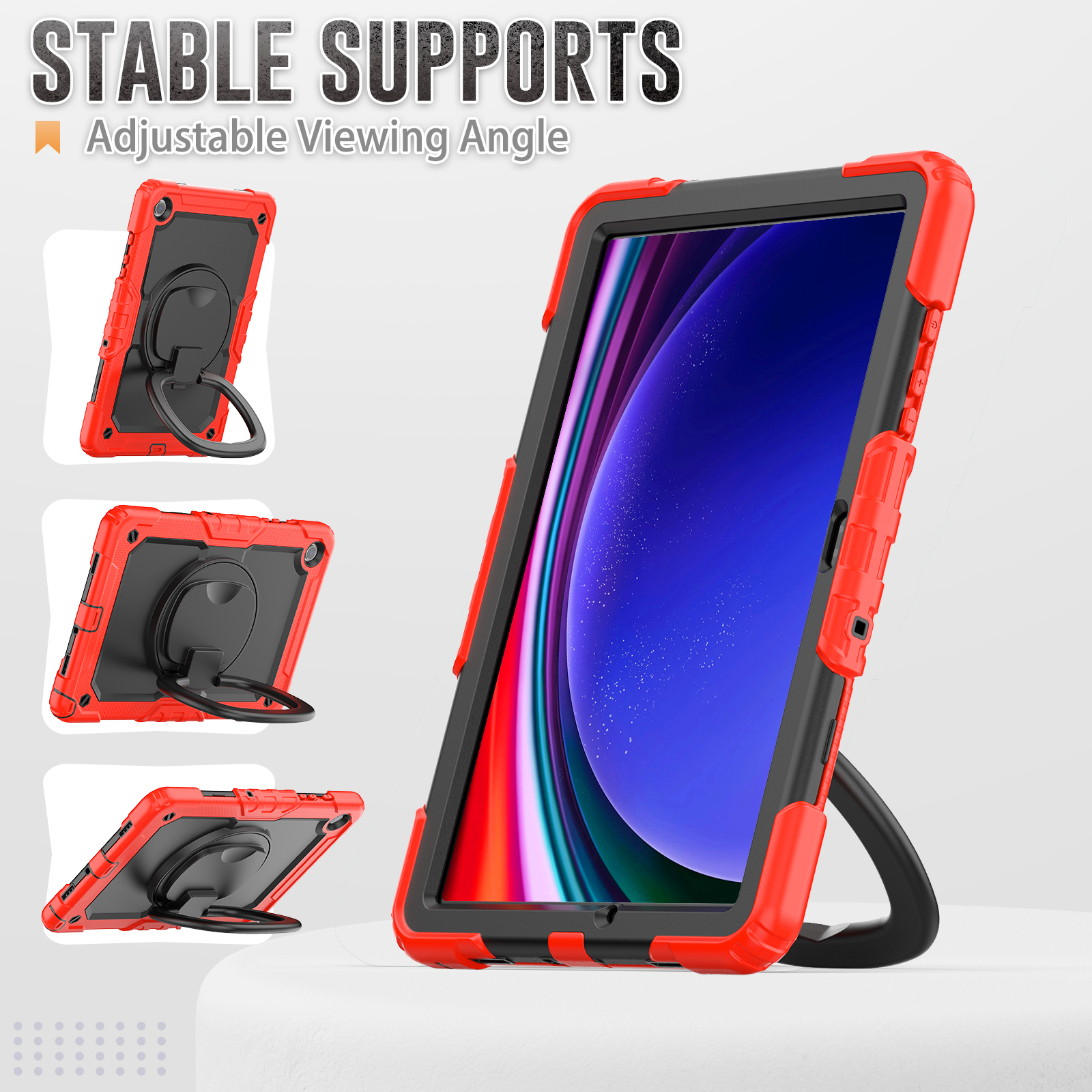 Tablet in roter Hülle mit verstellbarem Ständer. Mehrere Ansichten der Tablethülle, weißer Hintergrund, Text 'Stable Supports'.