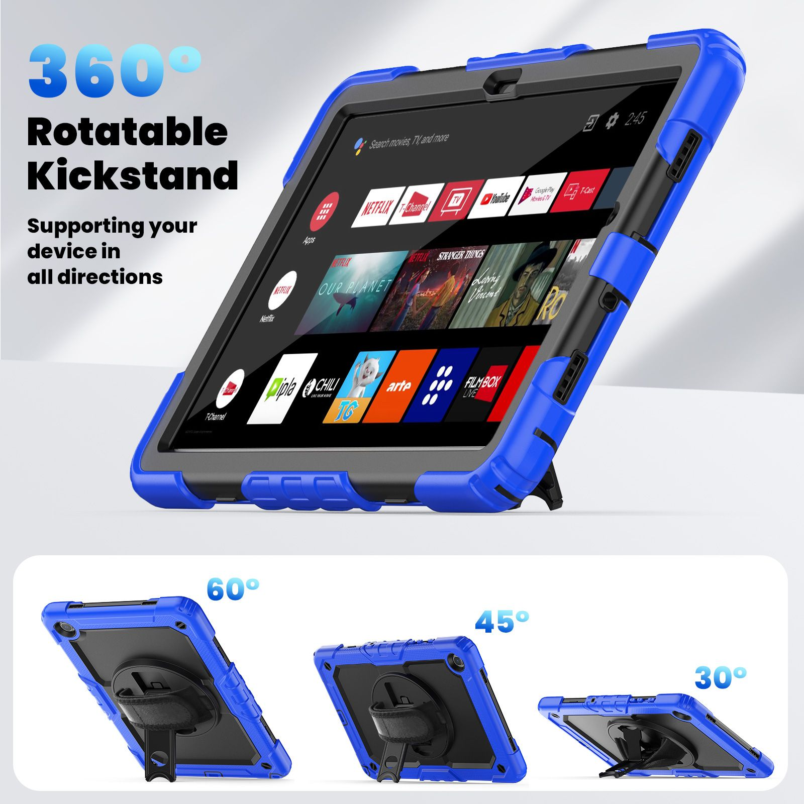 Blaue Tablethülle mit Ständer in verschiedenen Winkeln, Tablet mit angezeigten Apps unterstützend.