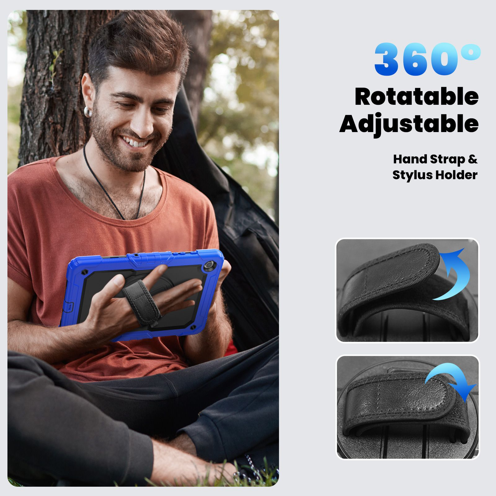 Ein Mann hält ein Tablet in einer blauen Hülle mit Handschlaufe.