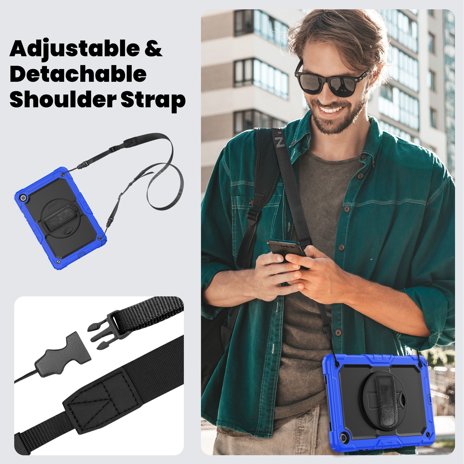Mann mit Sonnenbrille, der ein Tablet in einer blauen Hülle trägt. Schultergurt und abnehmbare Funktionen werden gezeigt.