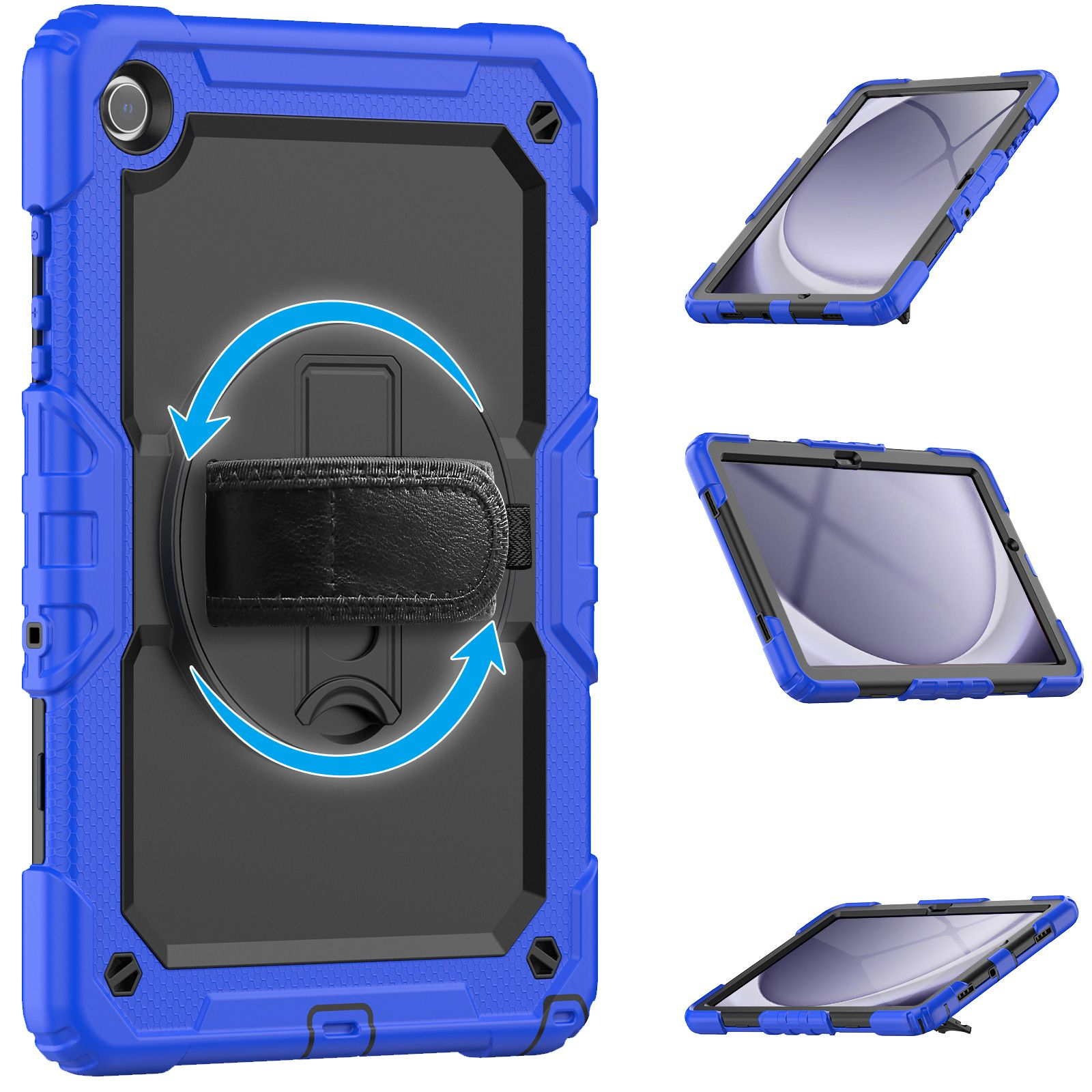 Eine blaue Tablet-Hülle zeigt die Rückseite mit Handschlaufe und die Vorderseite. Die Rückseite hat eine Drehfunktion.
