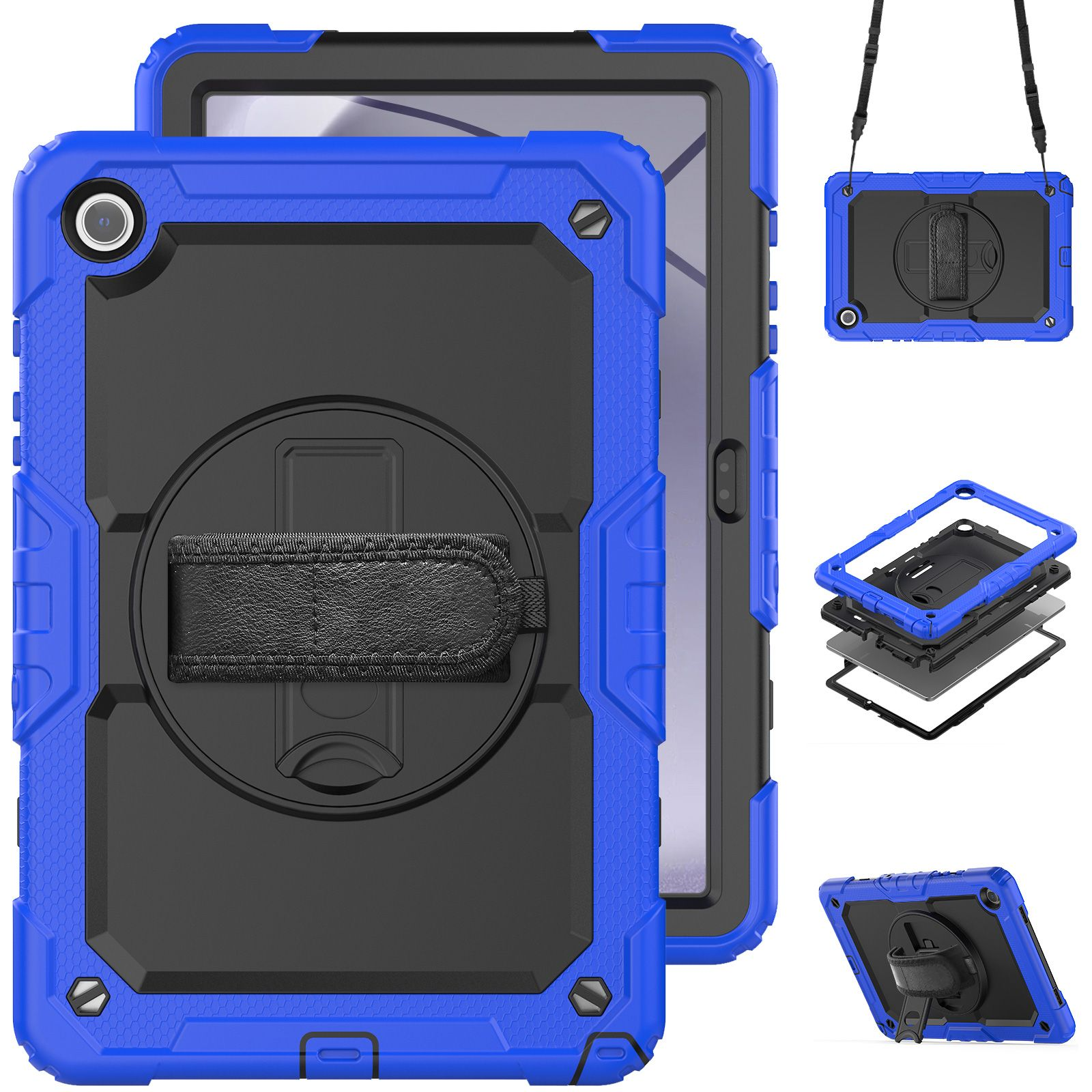 Blau-schwarze Tablethülle mit Kamera und Riemen, mit mehreren Ansichten.