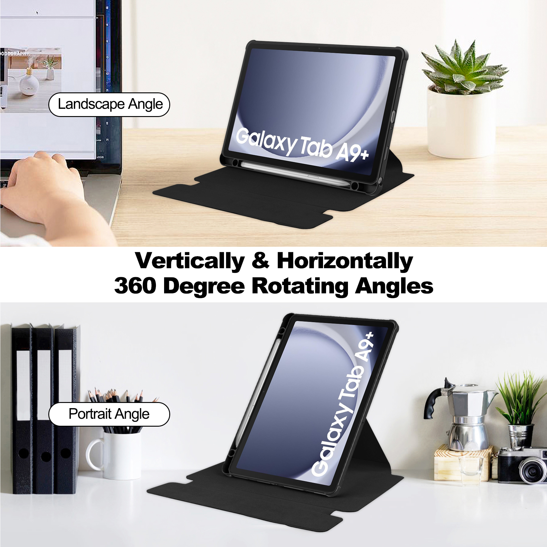 Zwei Tablets in schwarzen Hüllen. Eines im Querformat, eines im Hochformat. Beide zeigen 'Galaxy Tab A9+'.