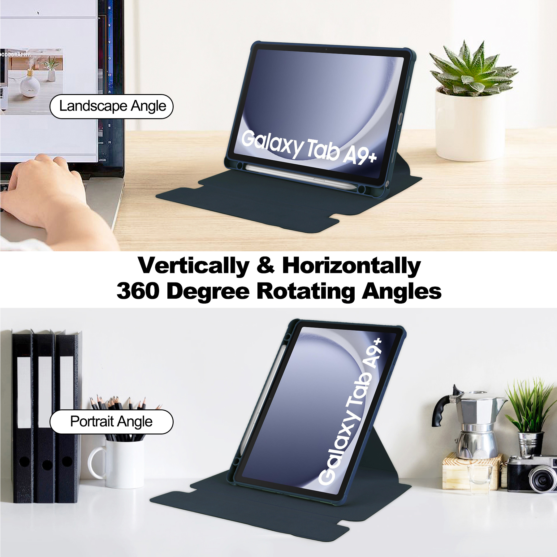 Tablet in Hülle, Quer- und Hochformat, mit Stift. Schreibtisch mit Laptop und Pflanze im Hintergrund.
