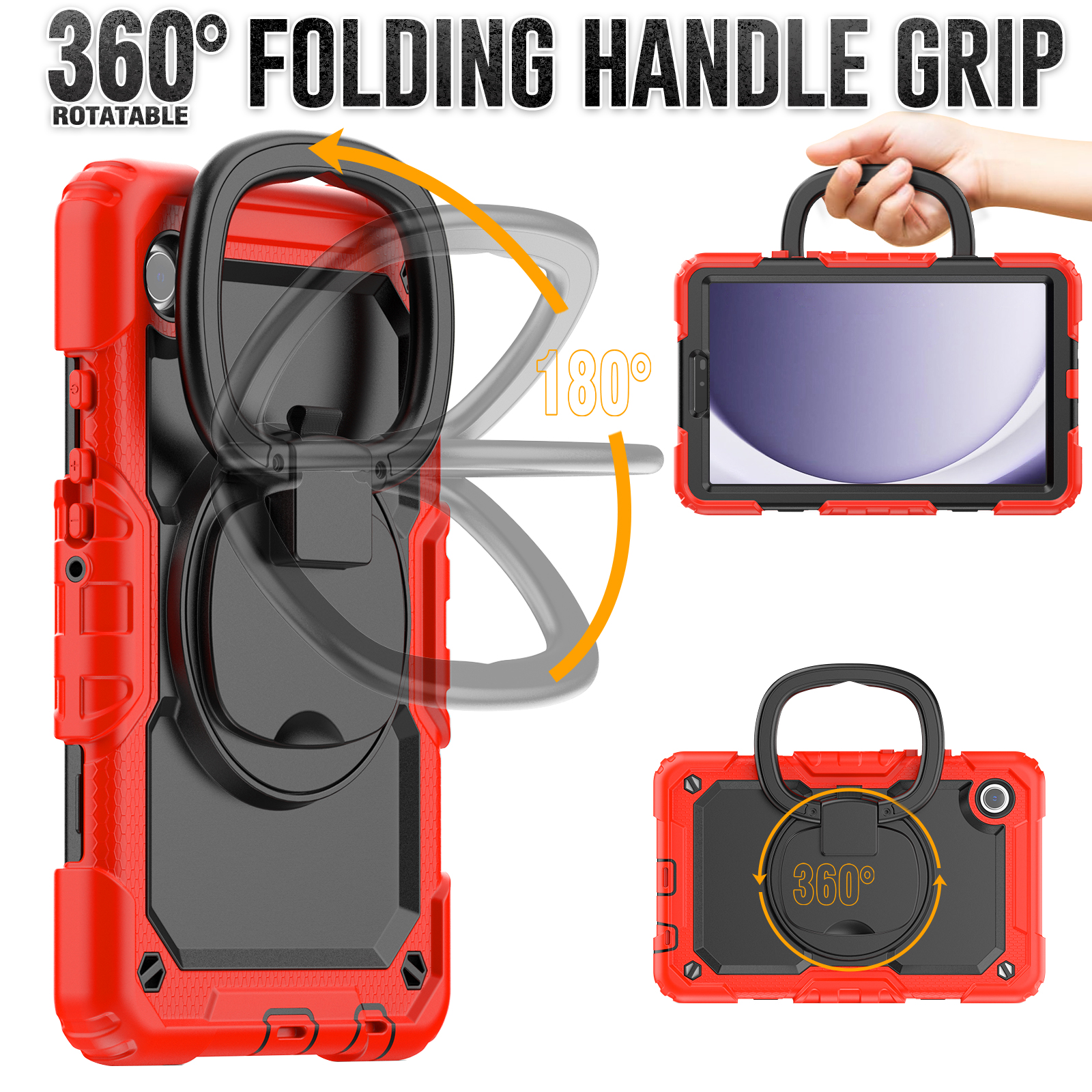 Rote Tablet-Hülle mit drehbarem Griff. 360-Grad-Klappgriff, 180- und 360-Grad-Drehung.