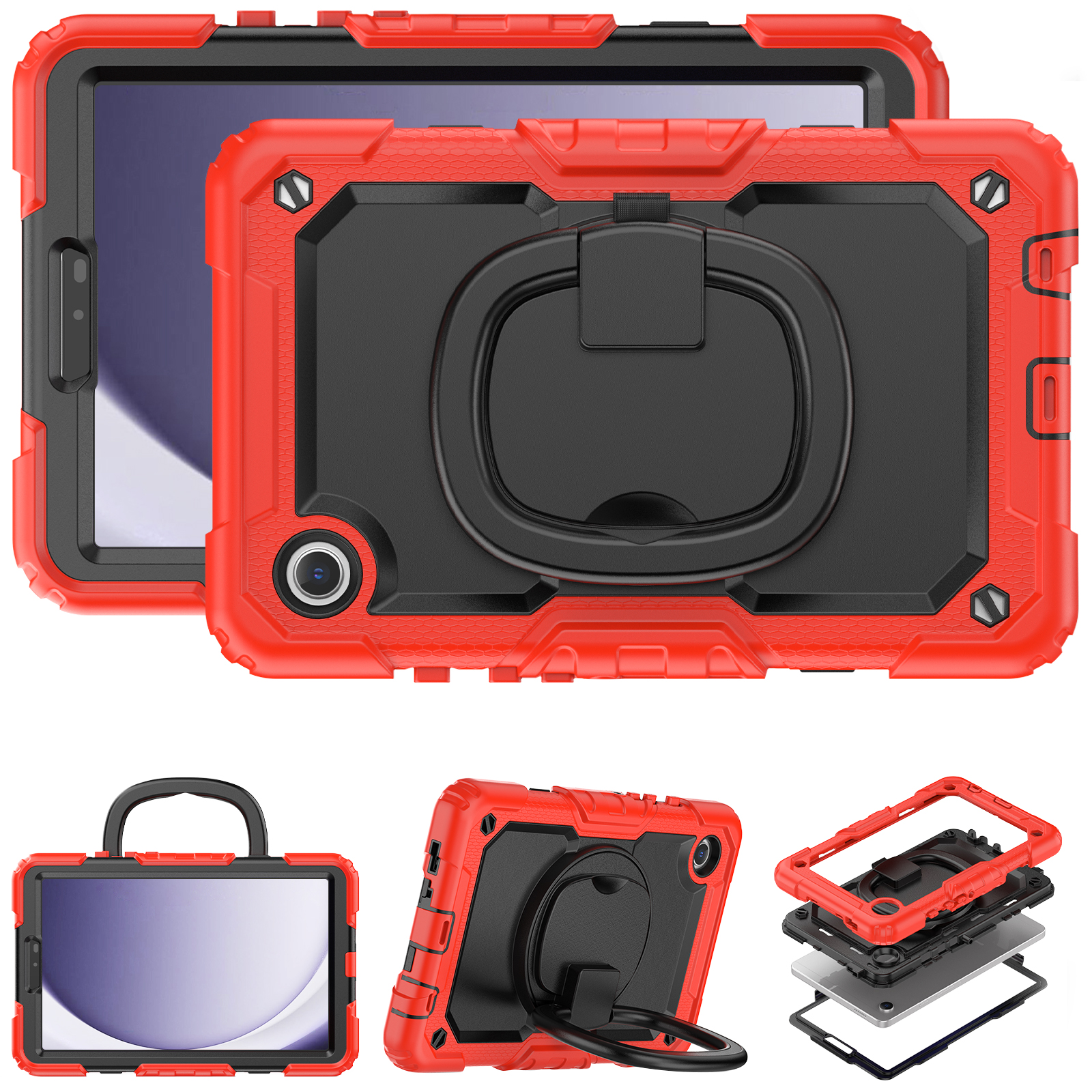 Rote Tablethülle mit Ring und dem Tablet darin, mit mehreren Ansichten.