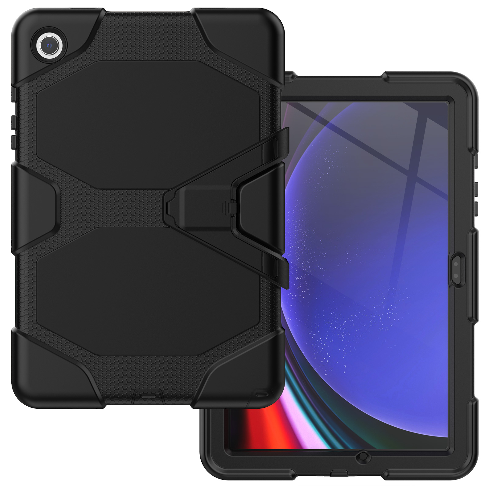Schwarze Tablet-Hülle, zeigt die Vorder- und Rückseite der Hülle.