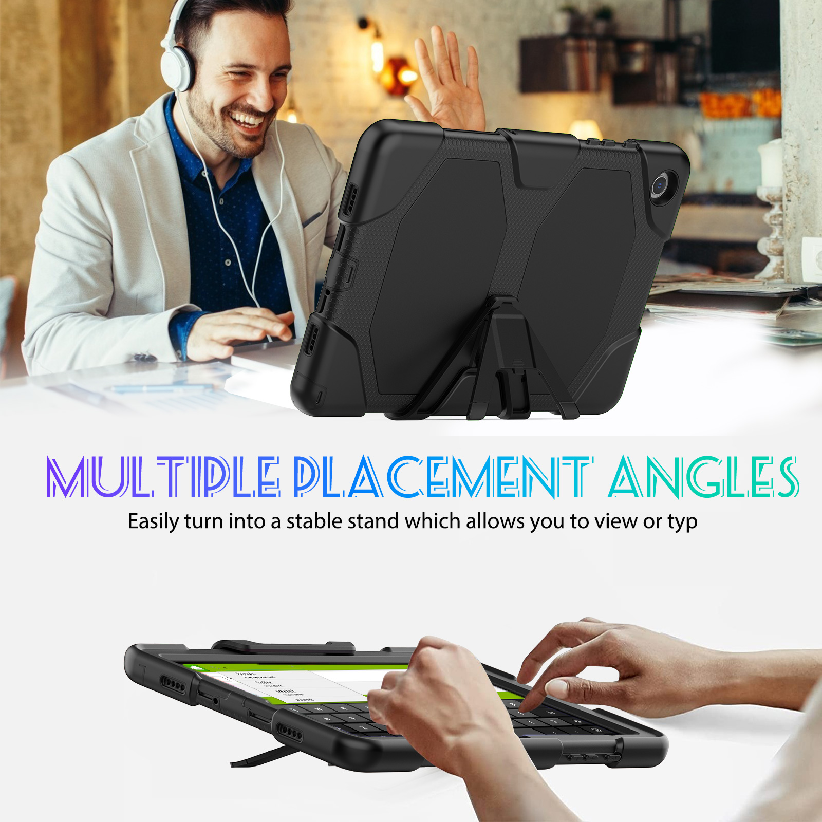 Schwarze Tablet-Hülle auf einem Tisch. Ein Mann winkt im Hintergrund.