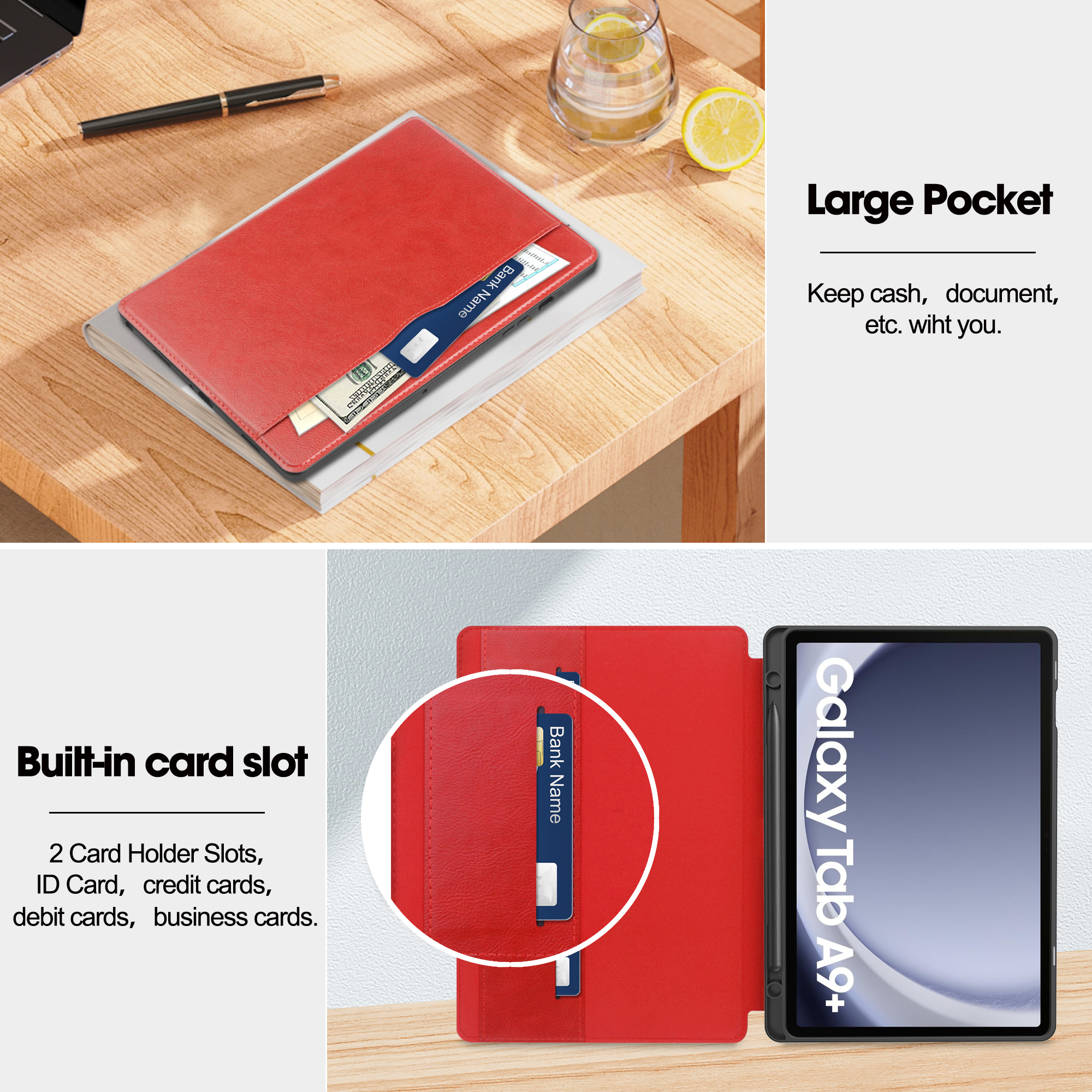 Rote Tablethülle mit Kartenfächern und einer Tasche mit Bargeld und Dokumenten. Galaxy Tab A9+ ist in der Hülle.