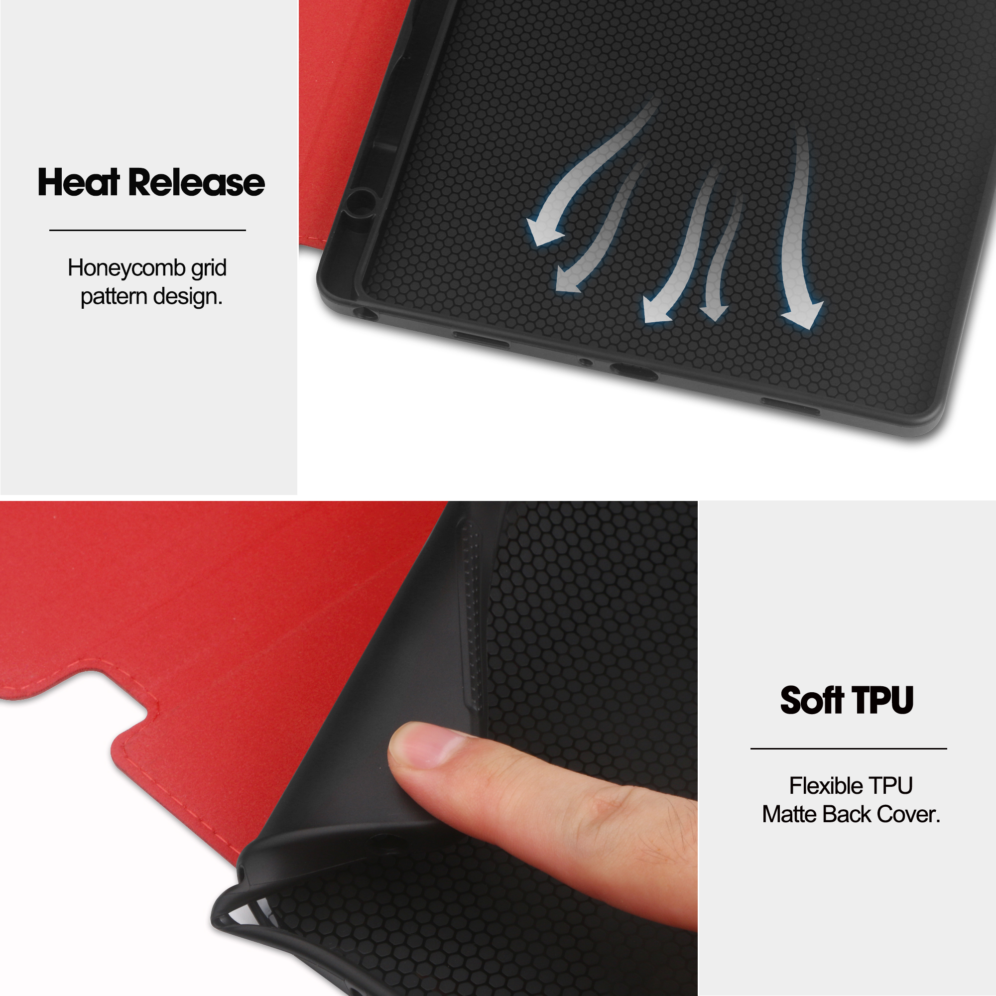 Nahaufnahme einer roten Tablethülle. Zeigt Wabenmuster und Wärmeableitungsdesign. Weiche TPU-Details.