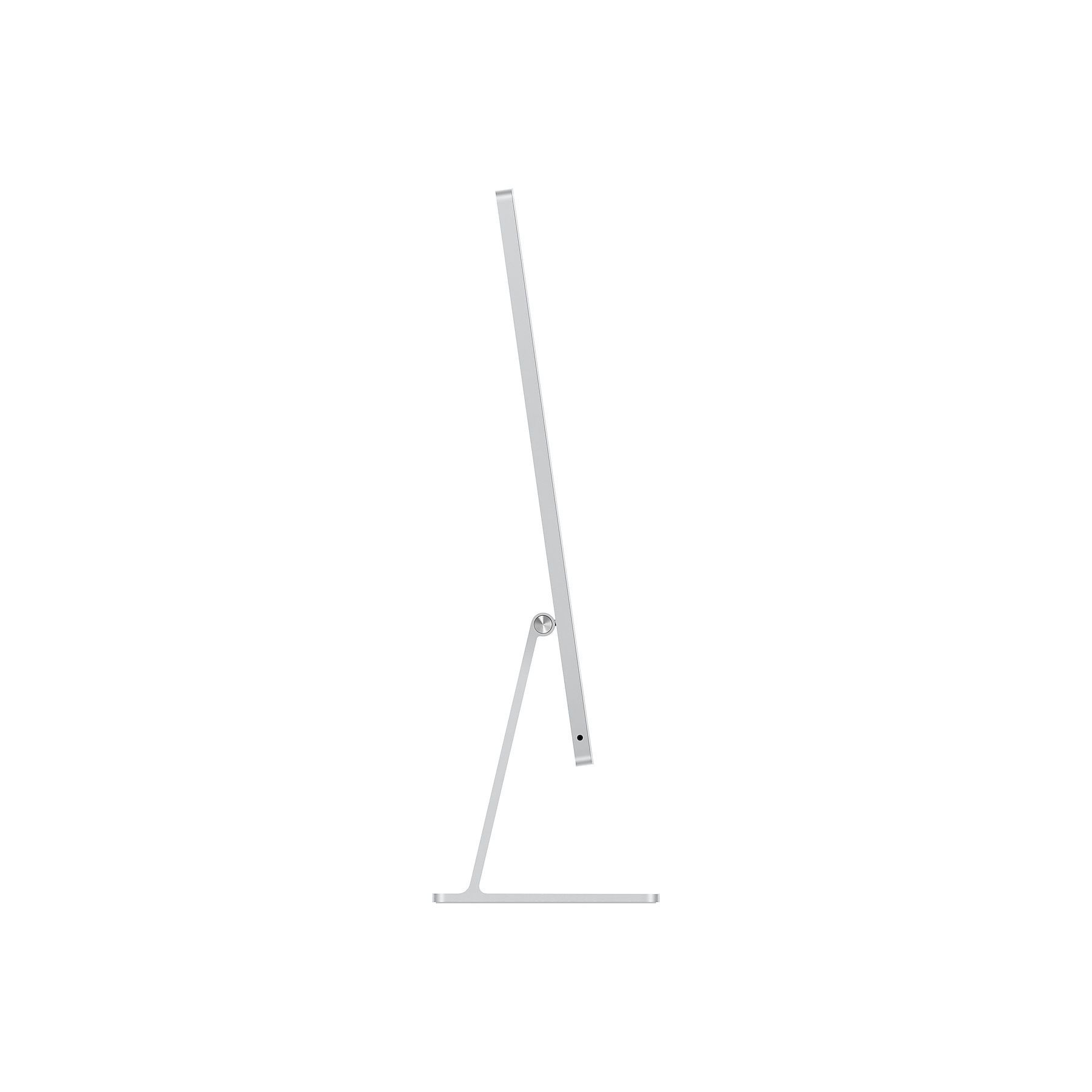Pantalla Apple plateada sobre superficie blanca. Vista lateral de la pantalla.