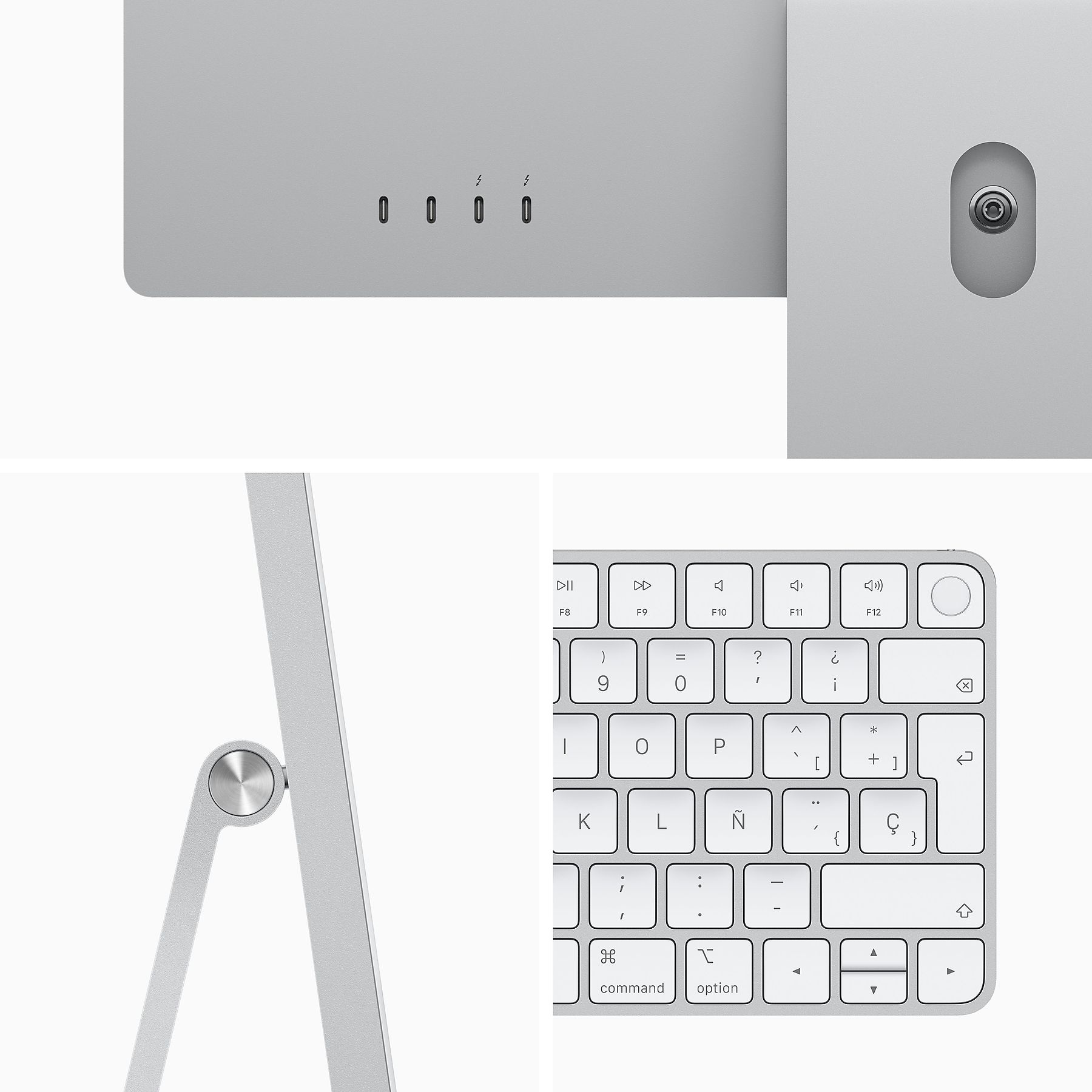 Primeros planos de un ordenador plateado con puertos y teclado. Detalles del diseño y componentes de conectividad.