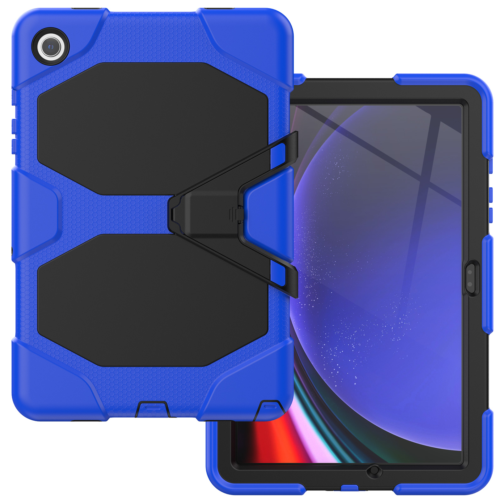 Blau-schwarze Tablettasche mit Ständer. Tablet-Bildschirm sichtbar.