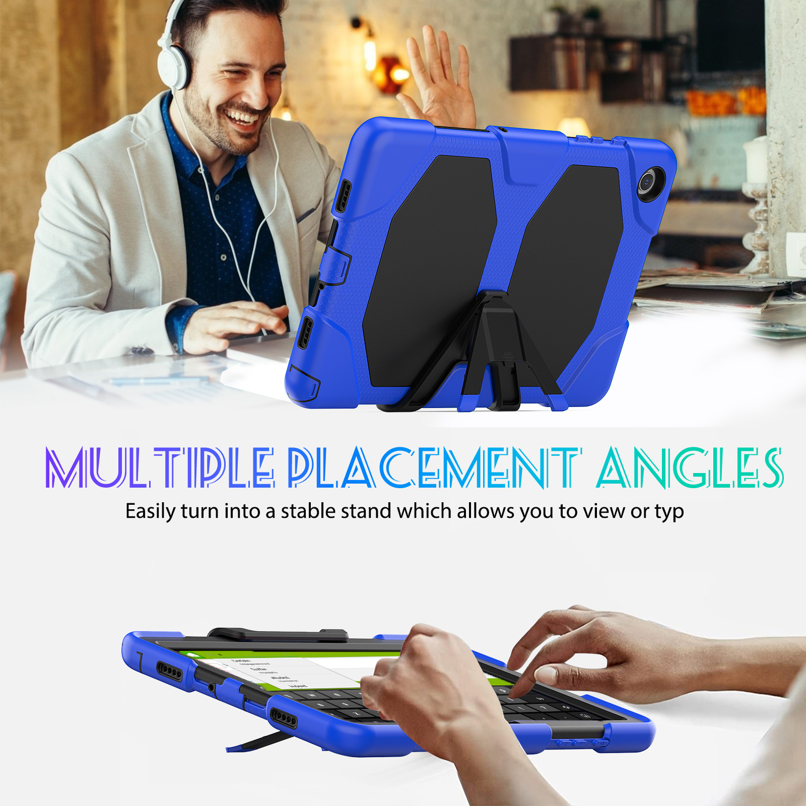 Ein Mann lächelt und hält ein Tablet in einem blauen Gehäuse. Das Tablet liegt auf einem Schreibtisch, eine zweite Person tippt.