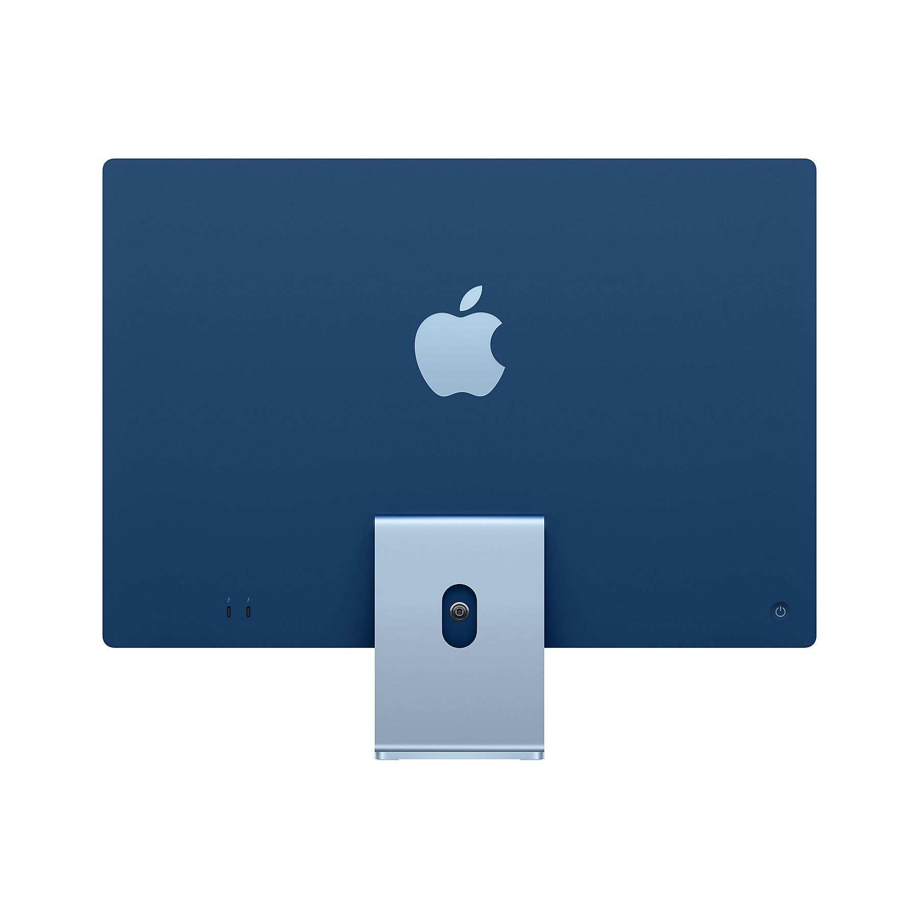 Parte trasera de iMac azul. Soporte plateado y logotipo de Apple. Fondo blanco y limpio.