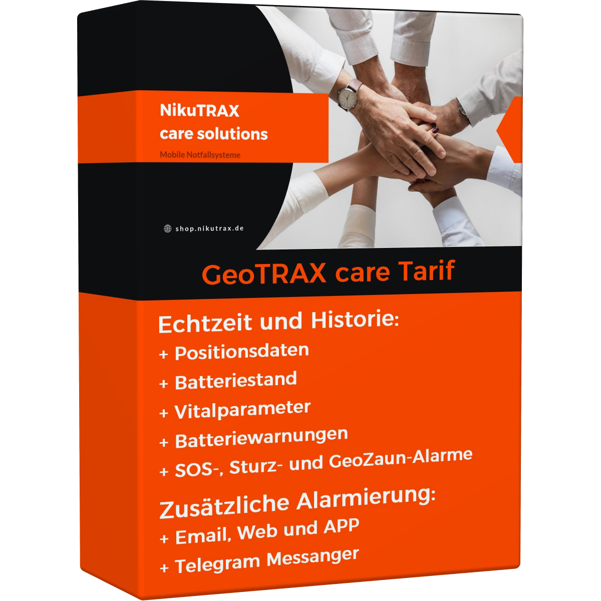 Eine Box mit Text und Logos für eine Pflegelösung. Hände sind oben zusammen.