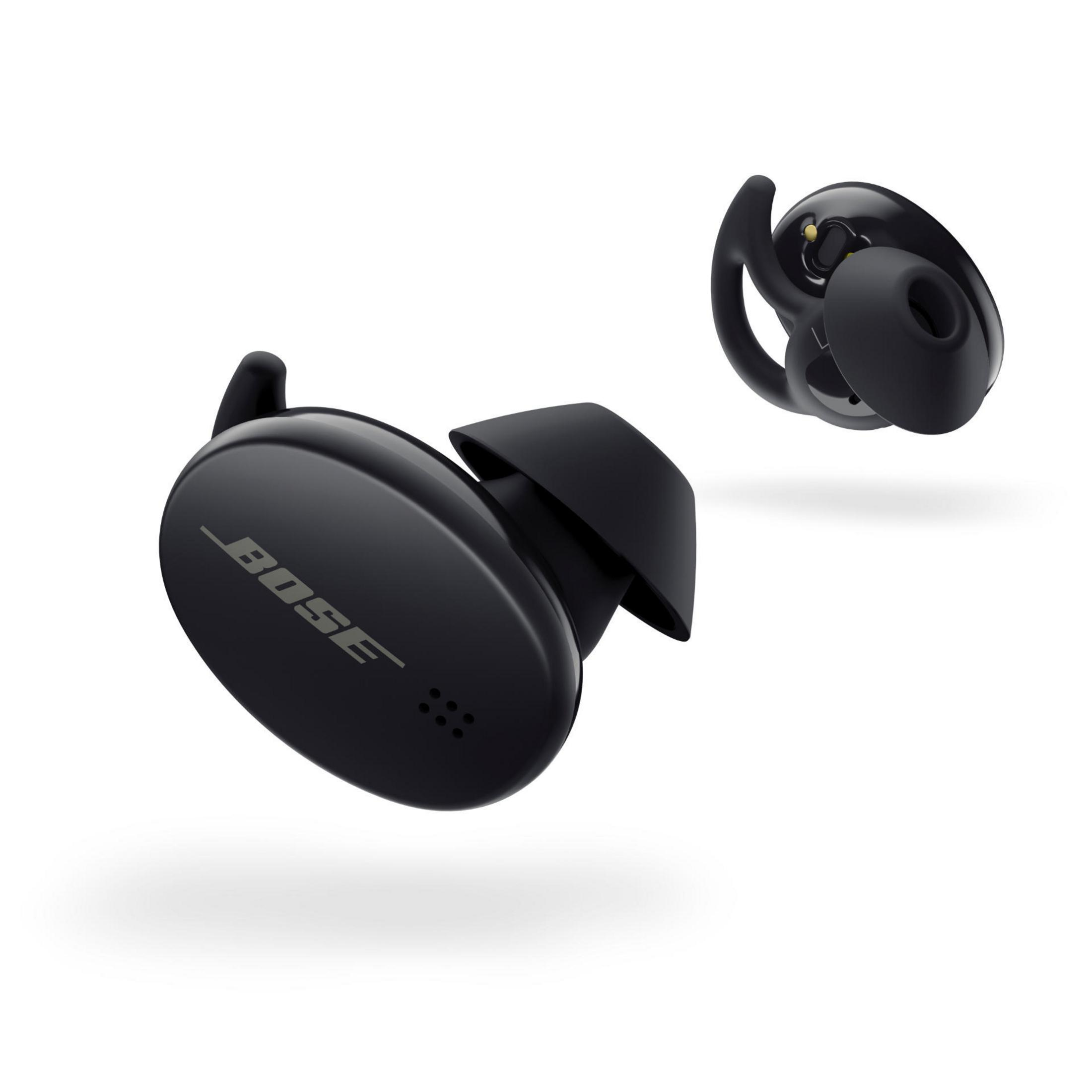 Auricolari wireless neri con il logo BOSE. Uno è mostrato, l'altro è separato. Sfondo bianco.