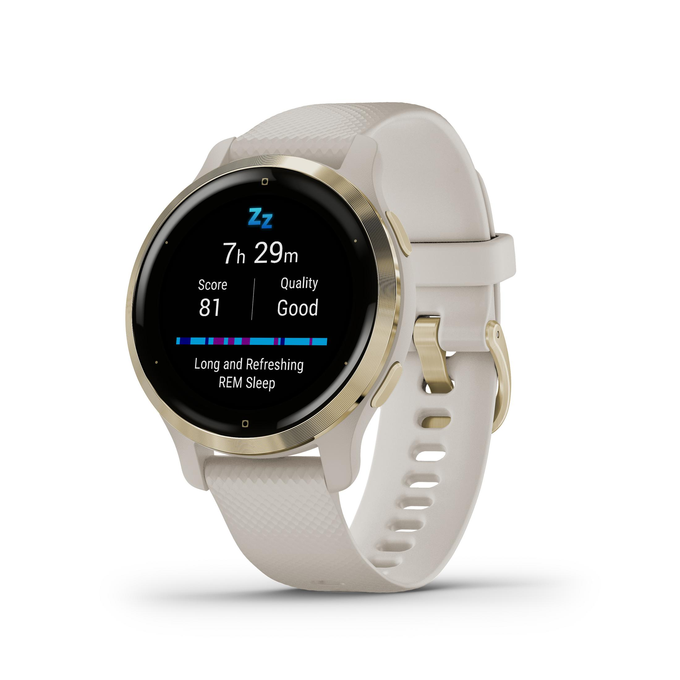 Garmin Smartwatch mit cremefarbenem Armband, goldenen Akzenten und Schlafanzeige.