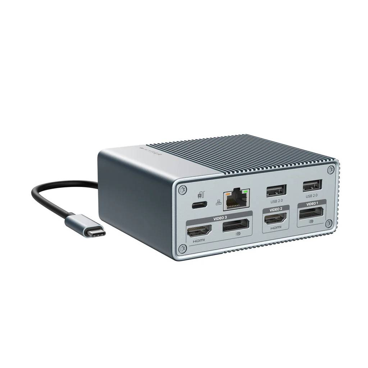 Una docking station argentata con più porte è mostrata. Ha porte HDMI, USB ed Ethernet.