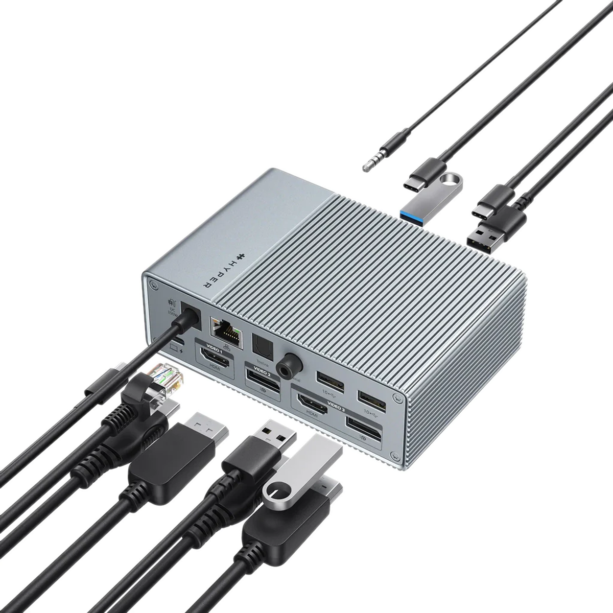 Silberner Hub mit Kabeln und Anschlüssen. USB, Ethernet, HDMI und Audioanschluss sichtbar.