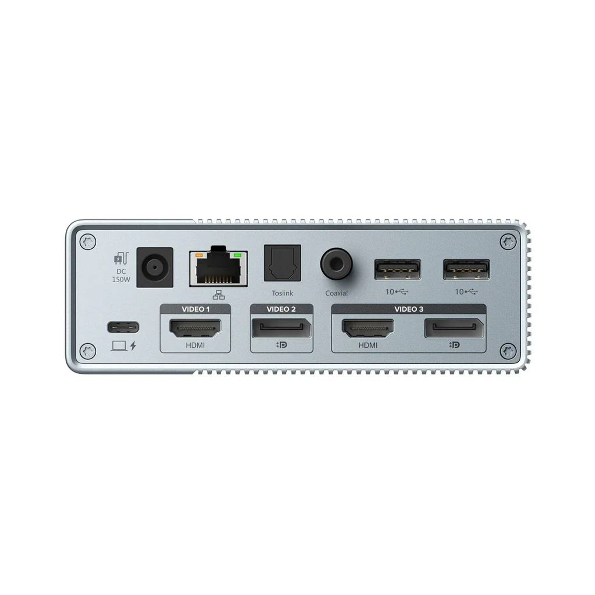 Eine silberne Dockingstation mit mehreren Anschlüssen: HDMI, USB, Ethernet usw. Angesicht.