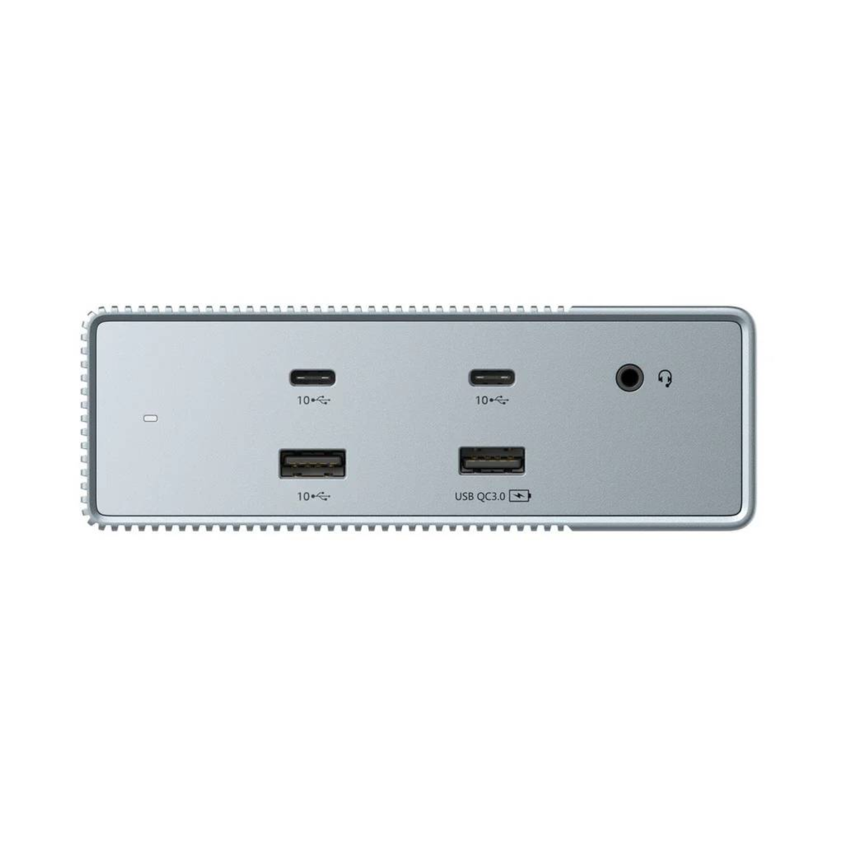Silbernes Gerät mit Anschlüssen. Bietet USB- und Audioanschlüsse. Weißer Hintergrund.