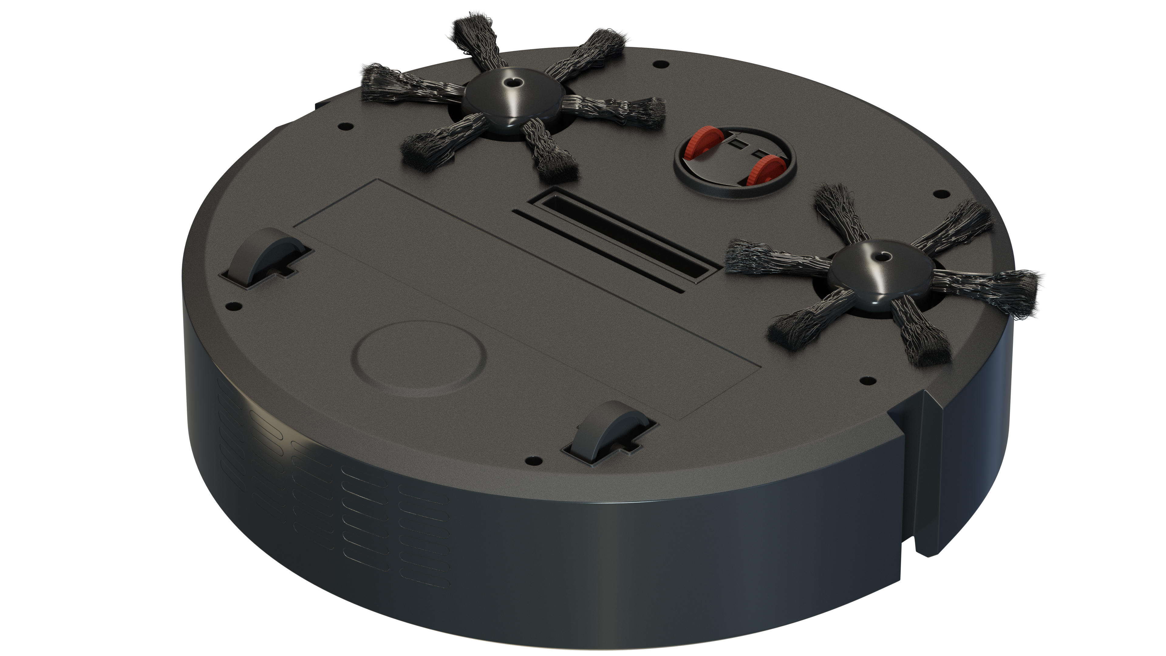 Czarny odkurzacz automatyczny. Widok od spodu ze szczotkami, kołami i stykami ładowania.