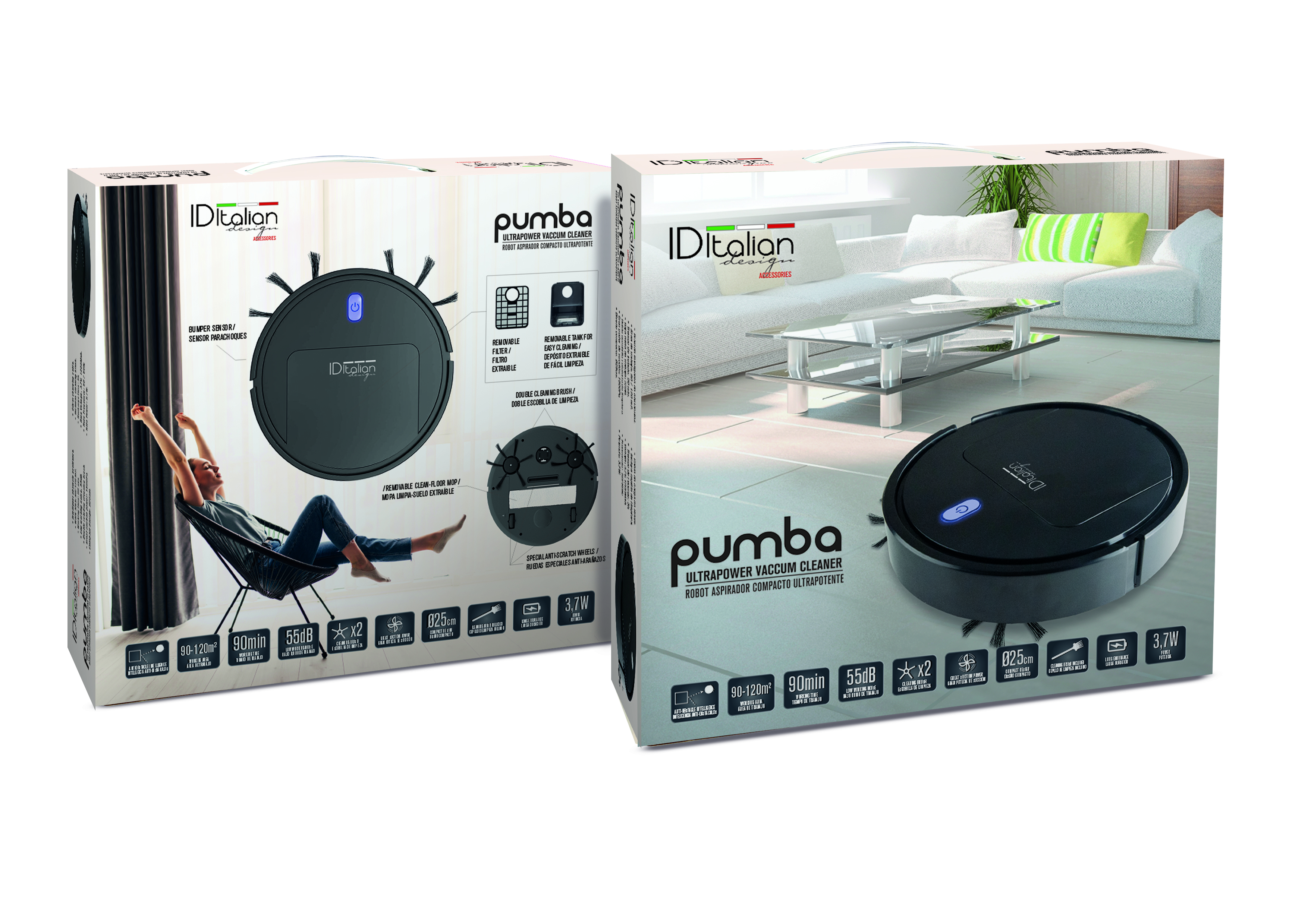 Pudełka z odkurzaczami z kobietą relaksującą się na krześle i odkurzaczem w pokoju.